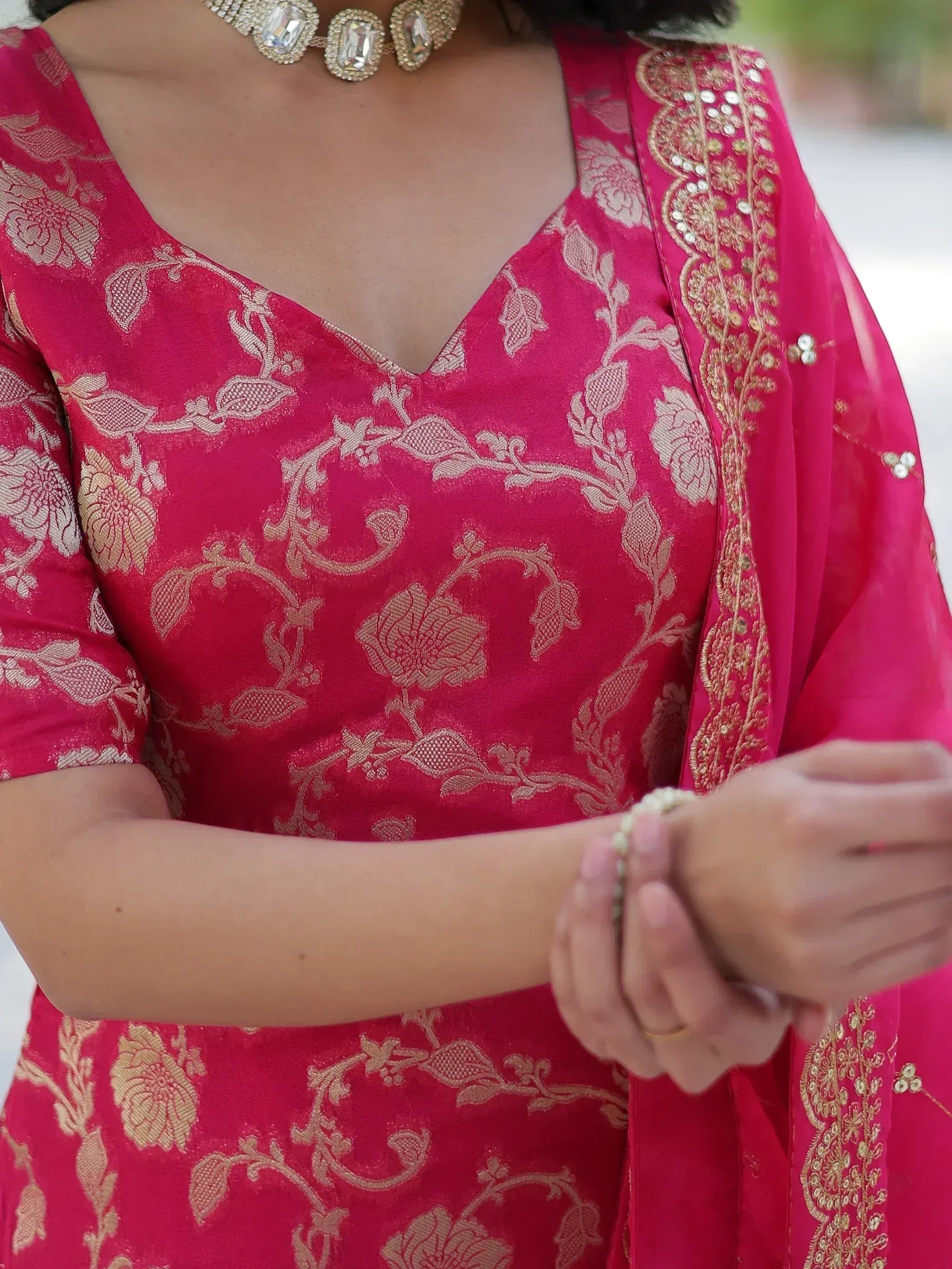 Pink floral embroidered Indian ethnic dress with gold detailing and matching dupatta