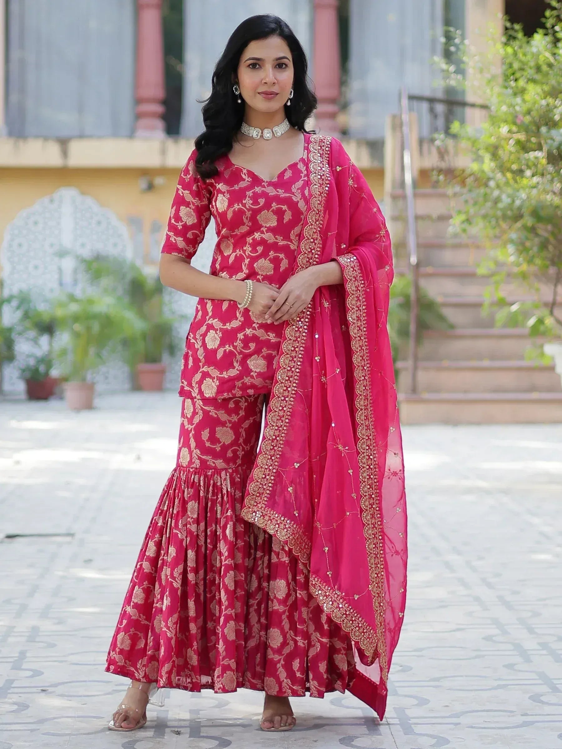 Pink floral print palazzo suit with embroidered dupatta, Indian ethnic wear for women