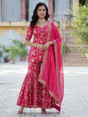 Incredible Pink Zari Weaving Jacquard Sharara Suit With Dupatta