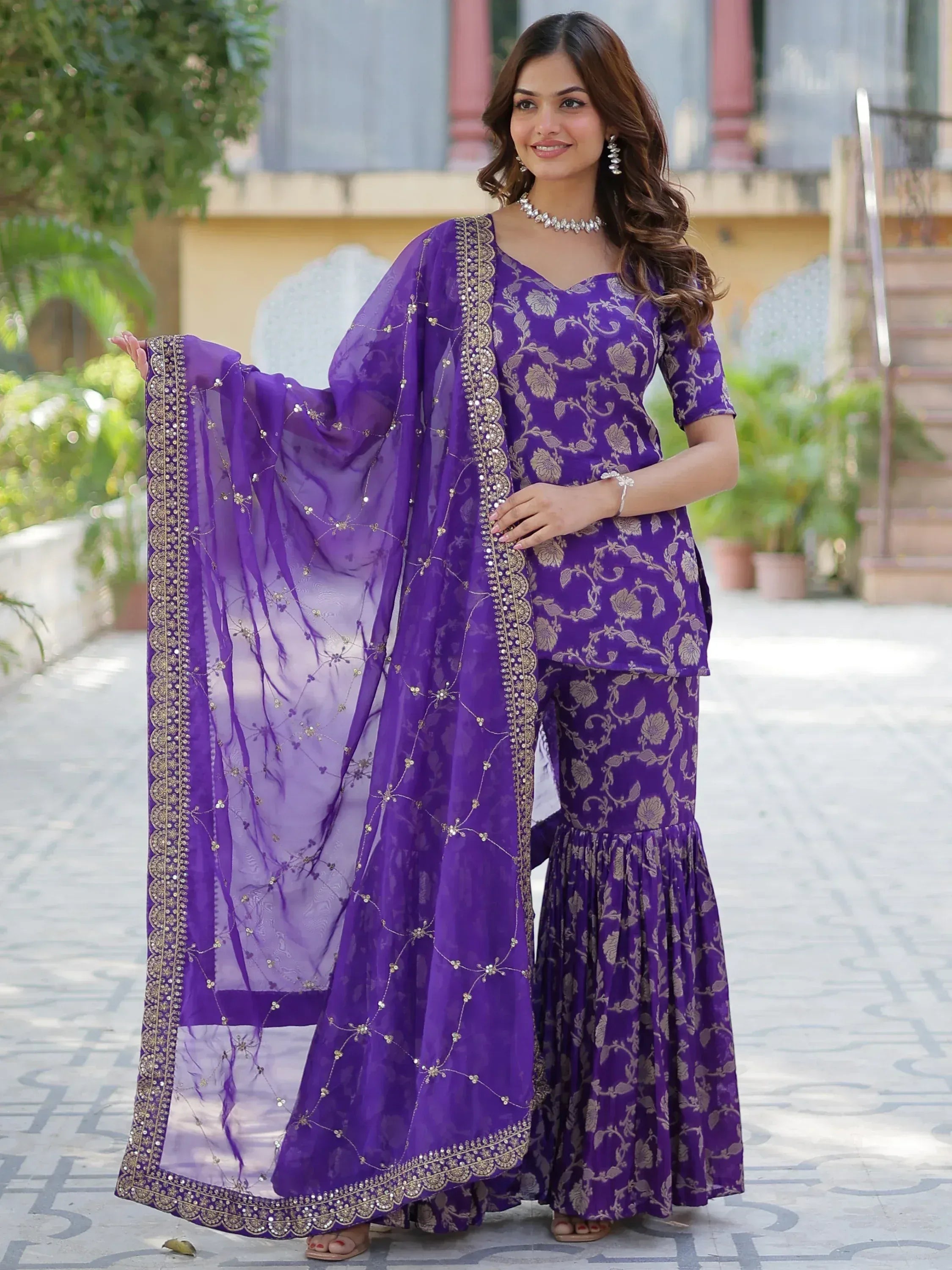 Purple floral print salwar kameez with embroidered dupatta, Indian ethnic wear for women