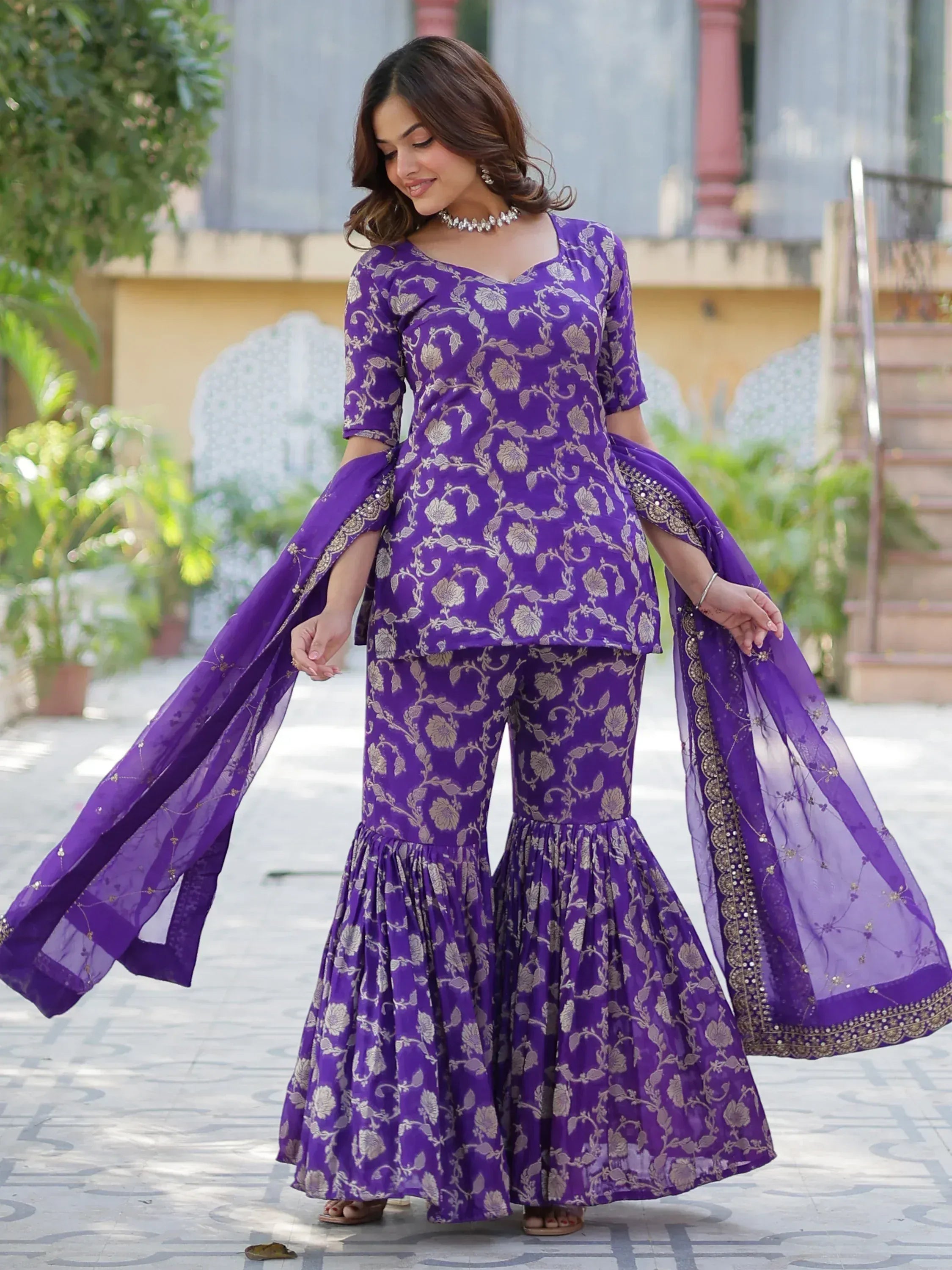 Purple floral print palazzo suit with flared pants and dupatta, Indian ethnic wear for women