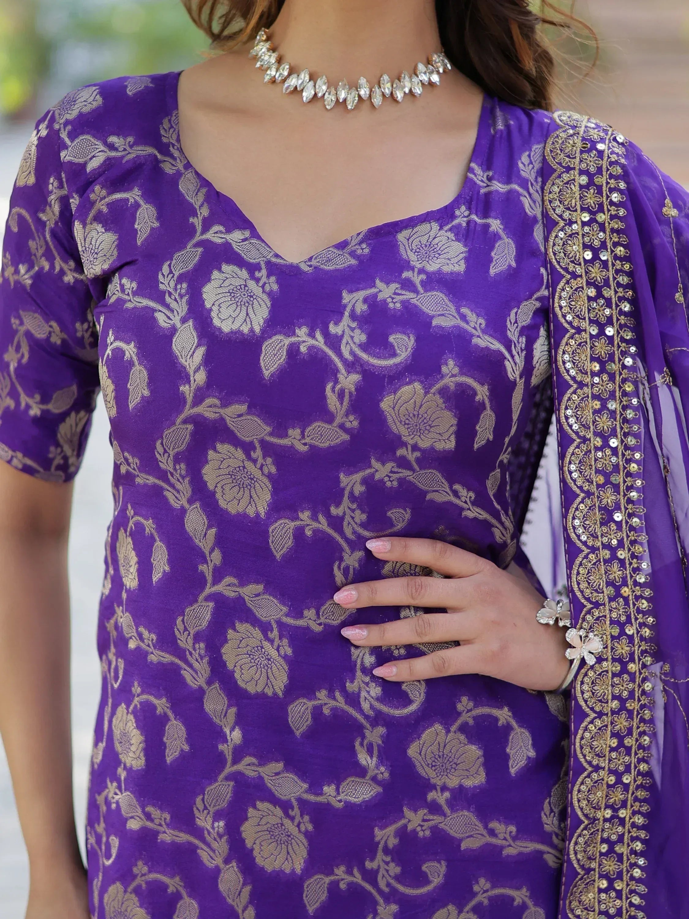 Purple floral embroidered kurta with gold detailing and matching dupatta, perfect for Indian ethnic wear.