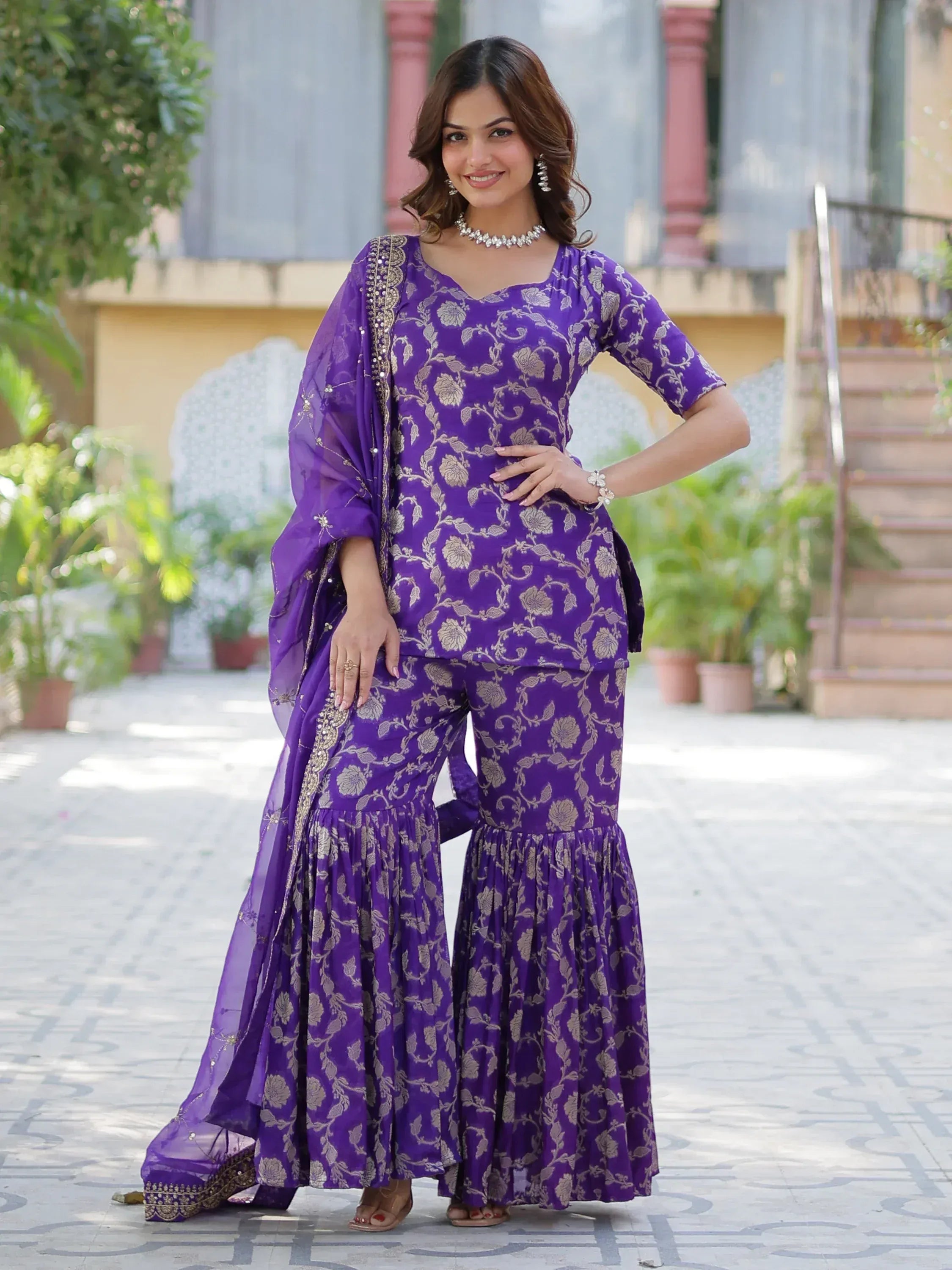 Purple floral print salwar kameez with flared pants and dupatta, ethnic Indian wear