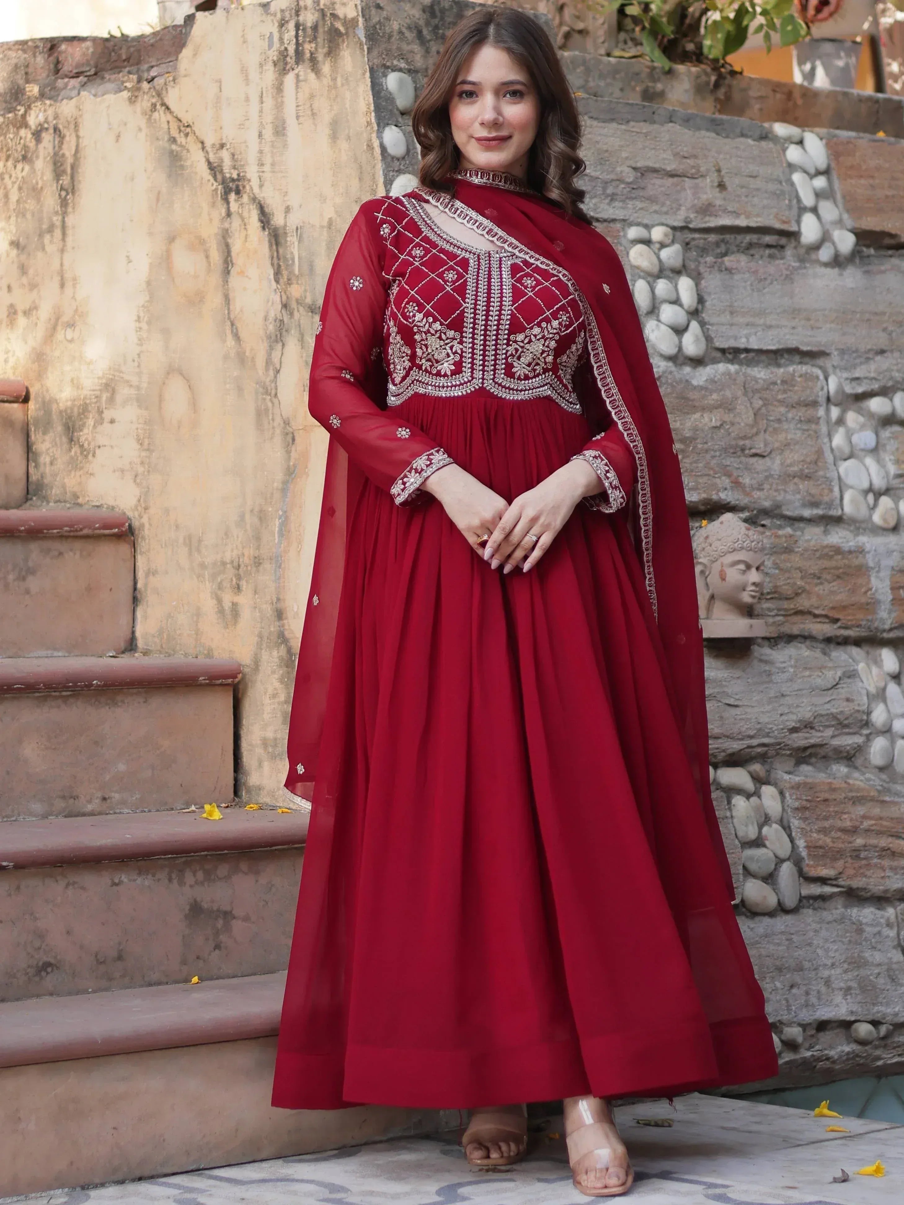 Red embroidered ethnic gown with dupatta, perfect for Indian occasions and festive wear