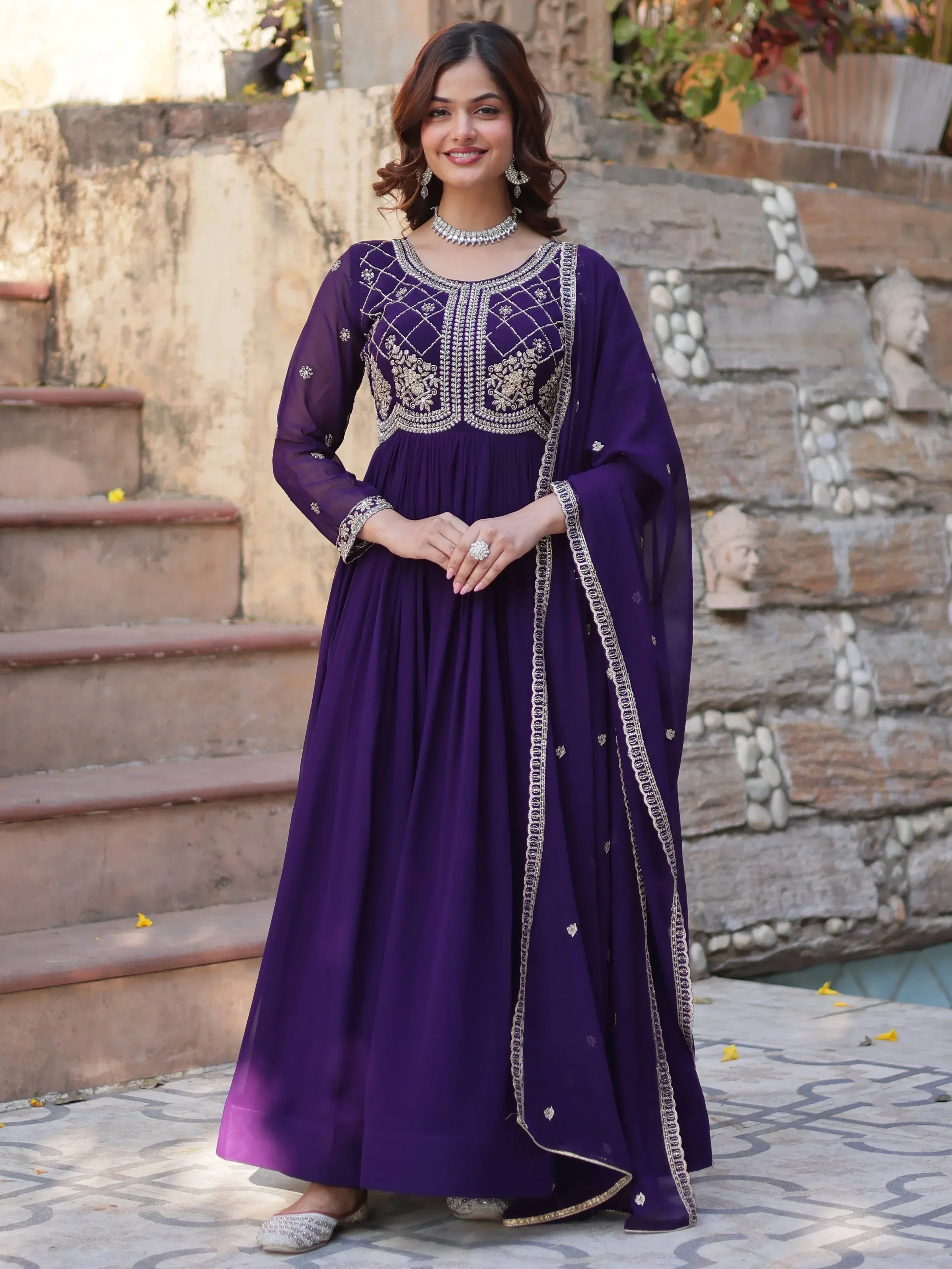 Purple embroidered anarkali suit with gold detailing, perfect for Indian ethnic occasions