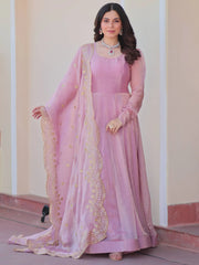 Impressive Pink Chiffon Event Wear Gown With Sequins Work Dupatta