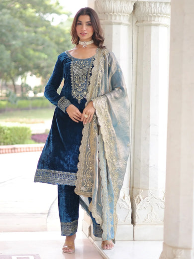 Awesome Blue Sequins Embroidered Velvet Festive Wear Salwar Kameez