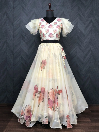 Gorgeous Off-White Floral Printed Organza Party Wear Crop Top Lehenga