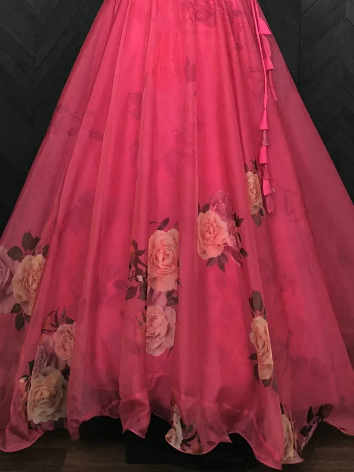 Pink floral lehenga skirt with rose print and ruffle details, ethnic wear for women