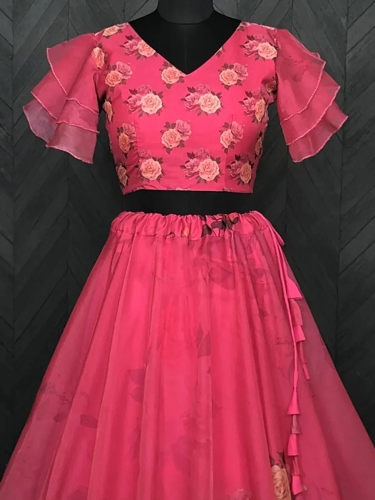 Pink floral lehenga choli with ruffle sleeves and layered skirt, ethnic wear for women