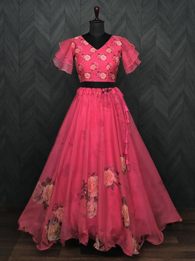 Adorable Rani Pink Floral Printed Organza Designer Crop Top Lehenga