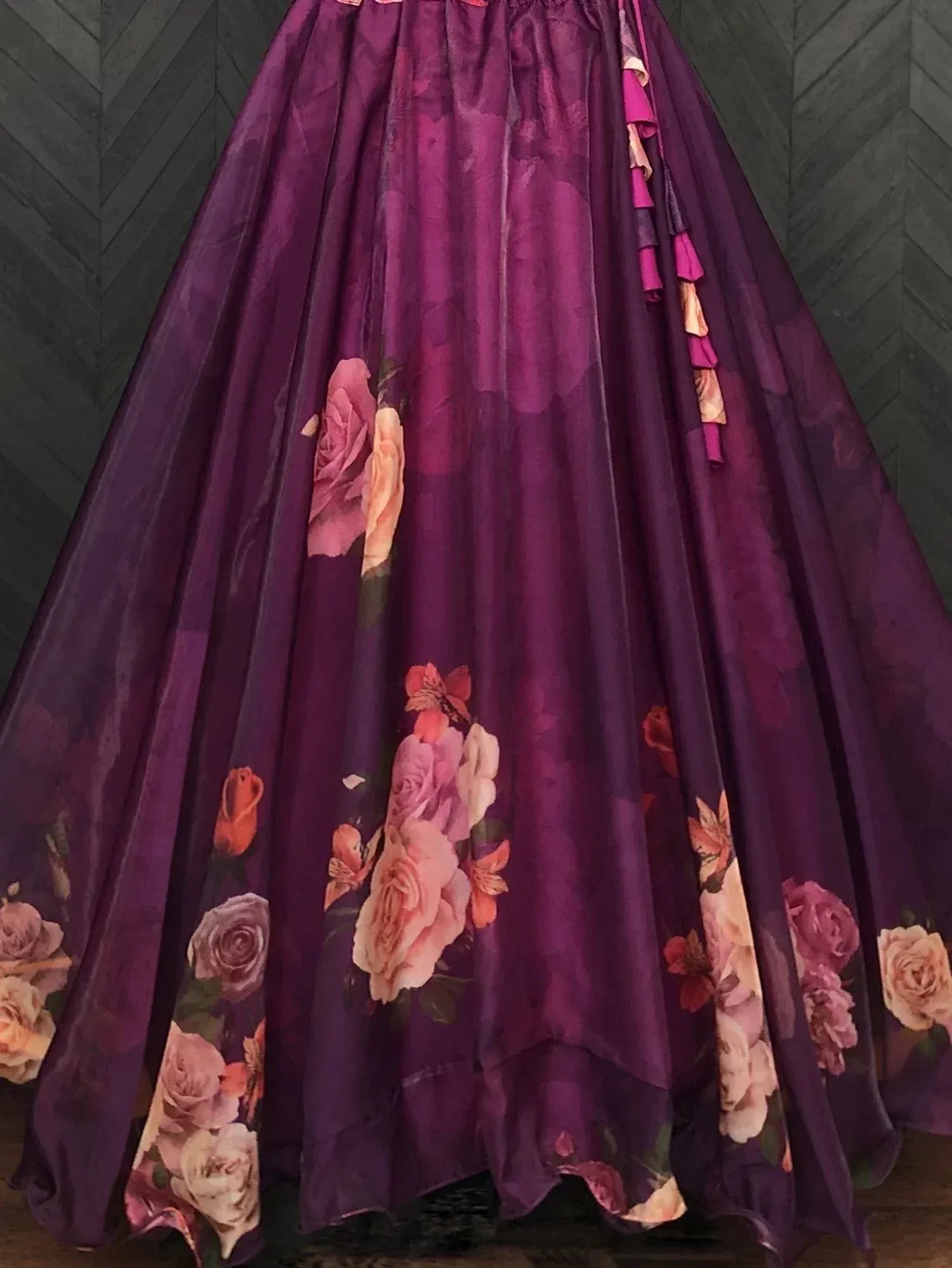 Purple floral print ethnic gown with ruffle detailing, perfect for Indian occasions