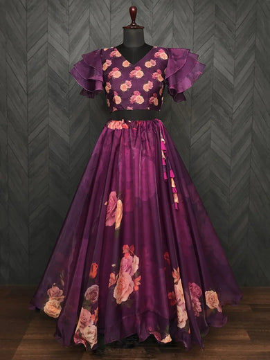 Charming Wine Floral Printed Organza Function Wear Crop Top Lehenga