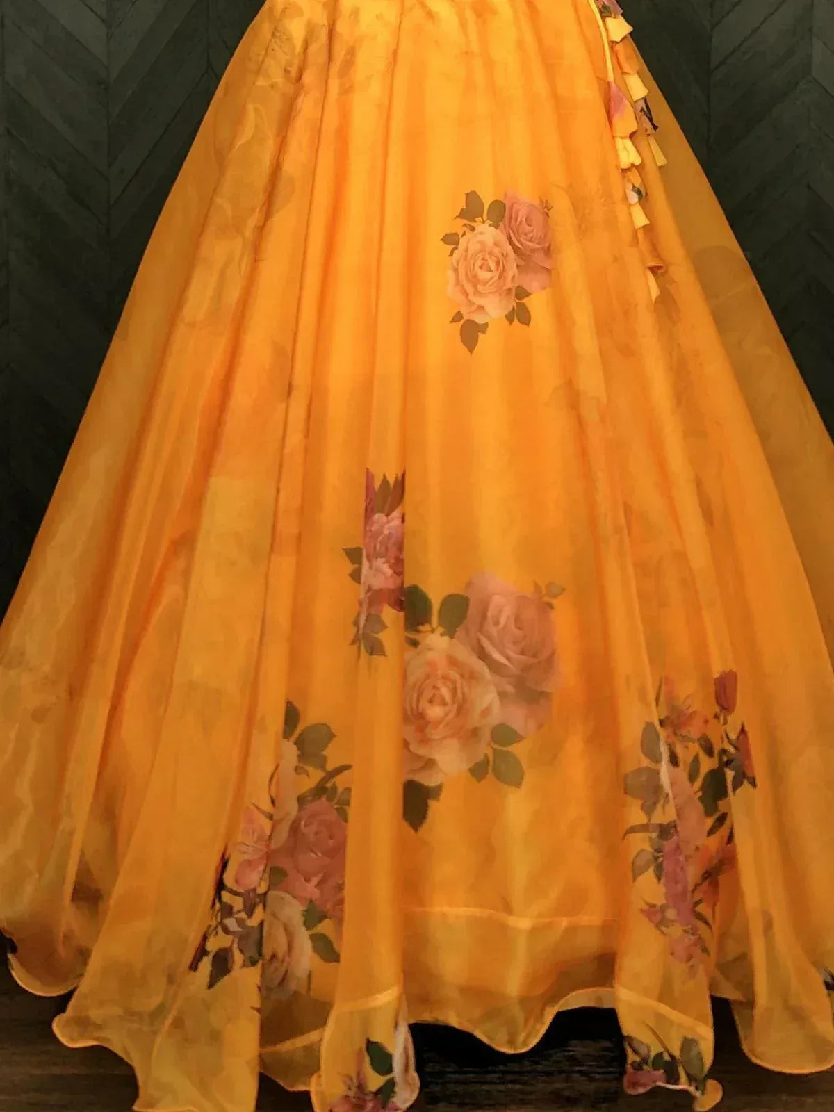 Vibrant yellow lehenga skirt with floral rose print, perfect for Indian ethnic wear occasions