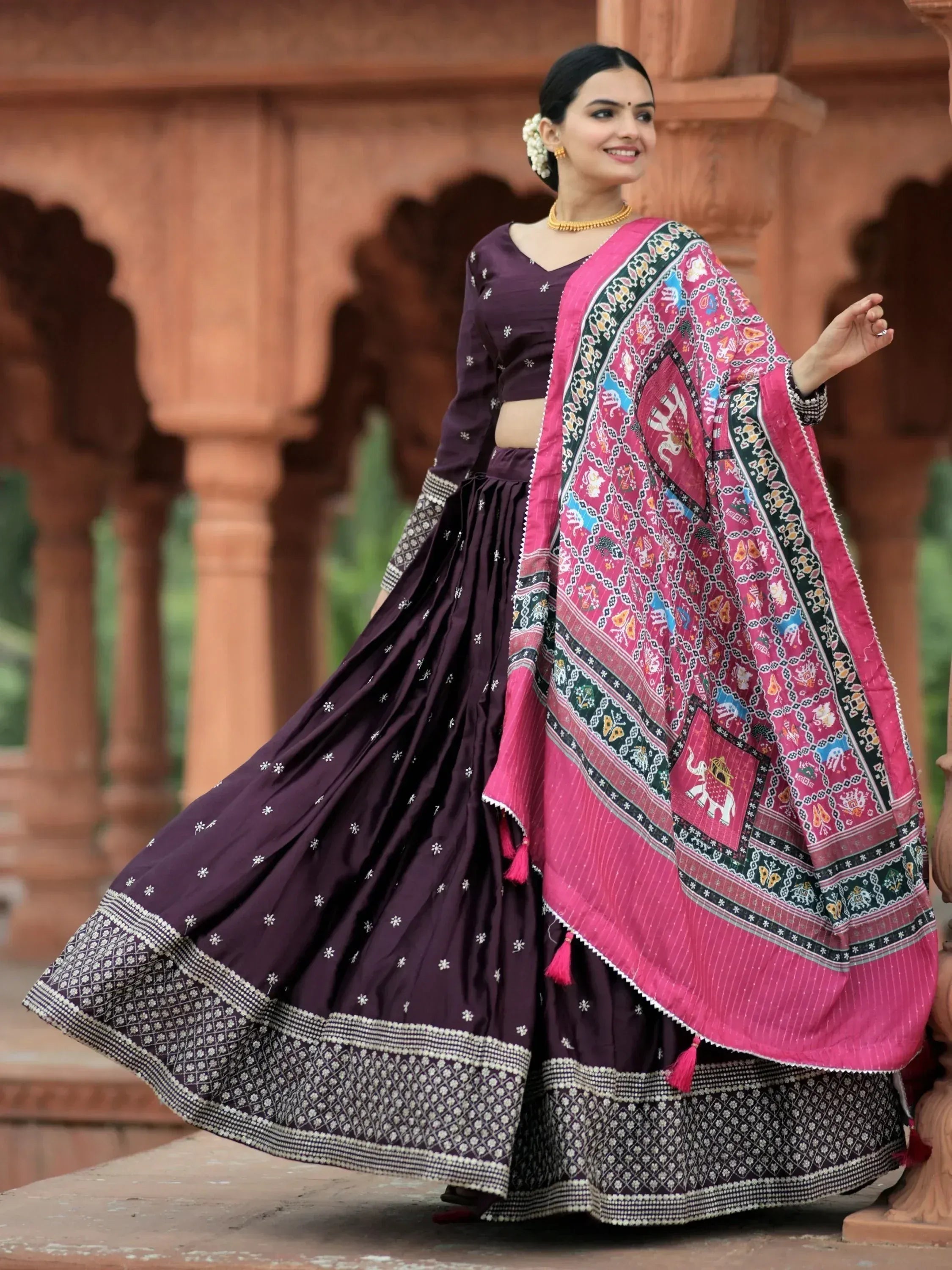 Purple lehenga choli with pink printed dupatta, ethnic Indian wear for women