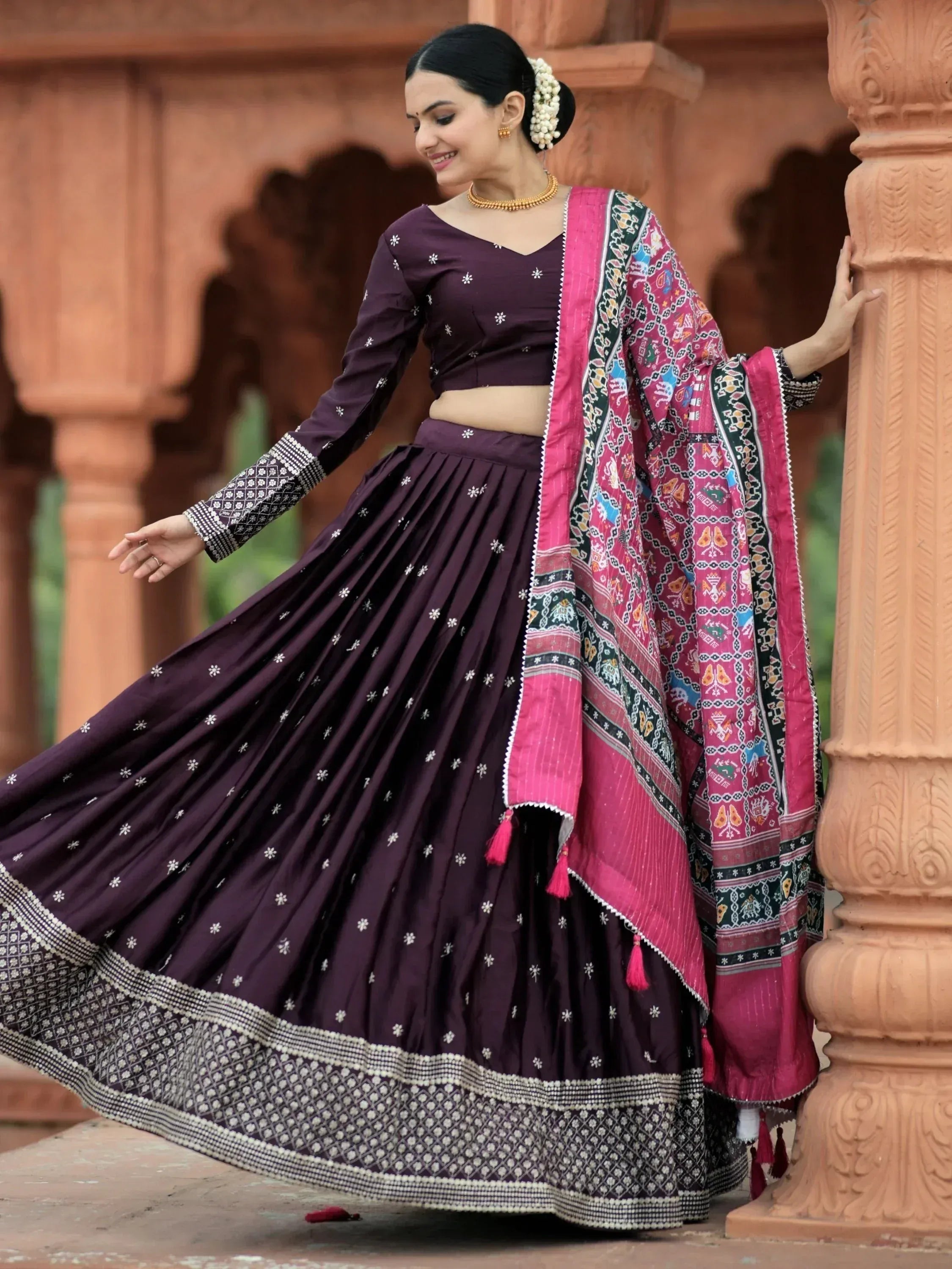 Purple embroidered lehenga choli with pink printed dupatta, Indian ethnic wear for women