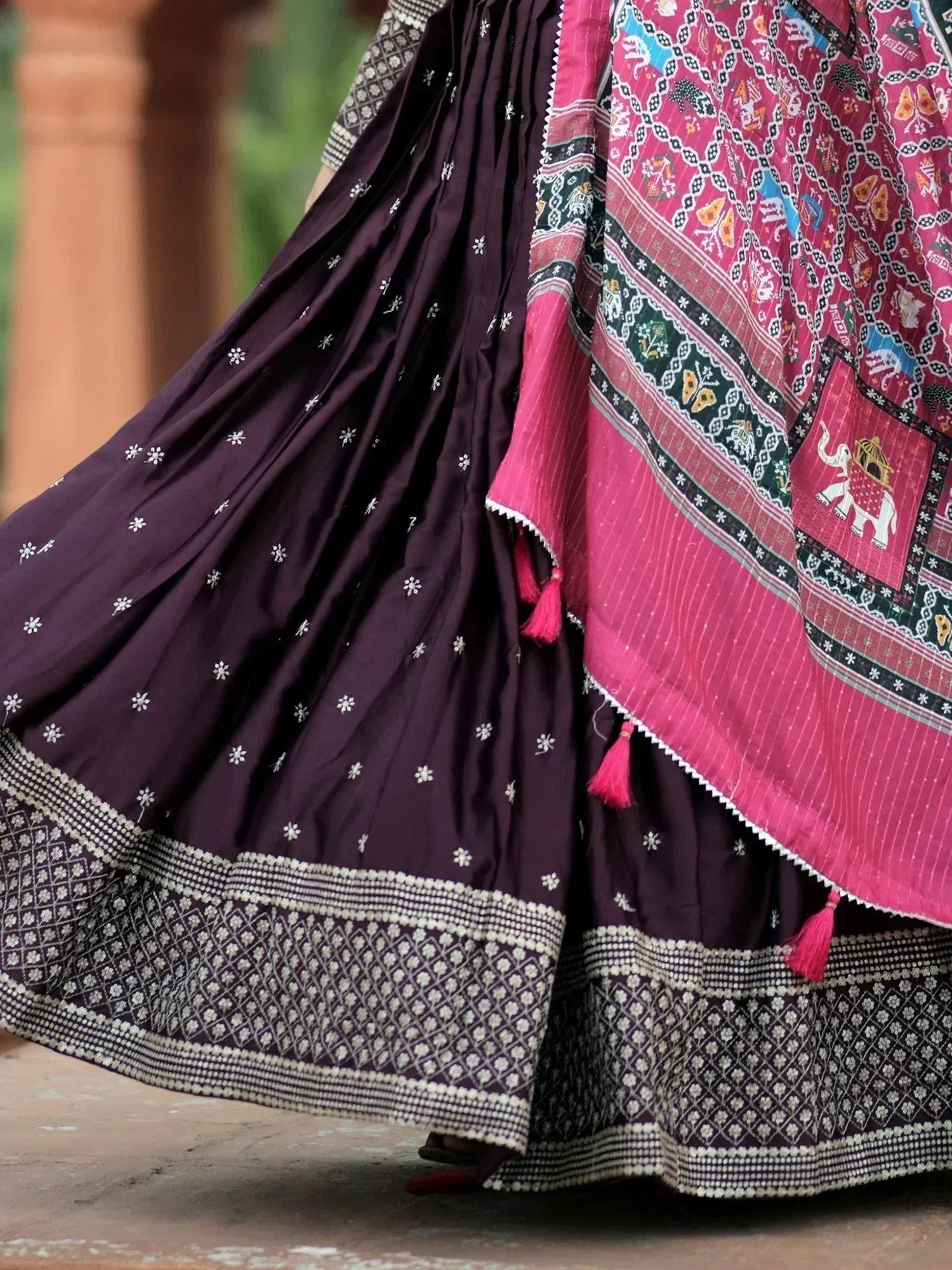 Purple printed lehenga with pink elephant dupatta, ethnic Indian wear