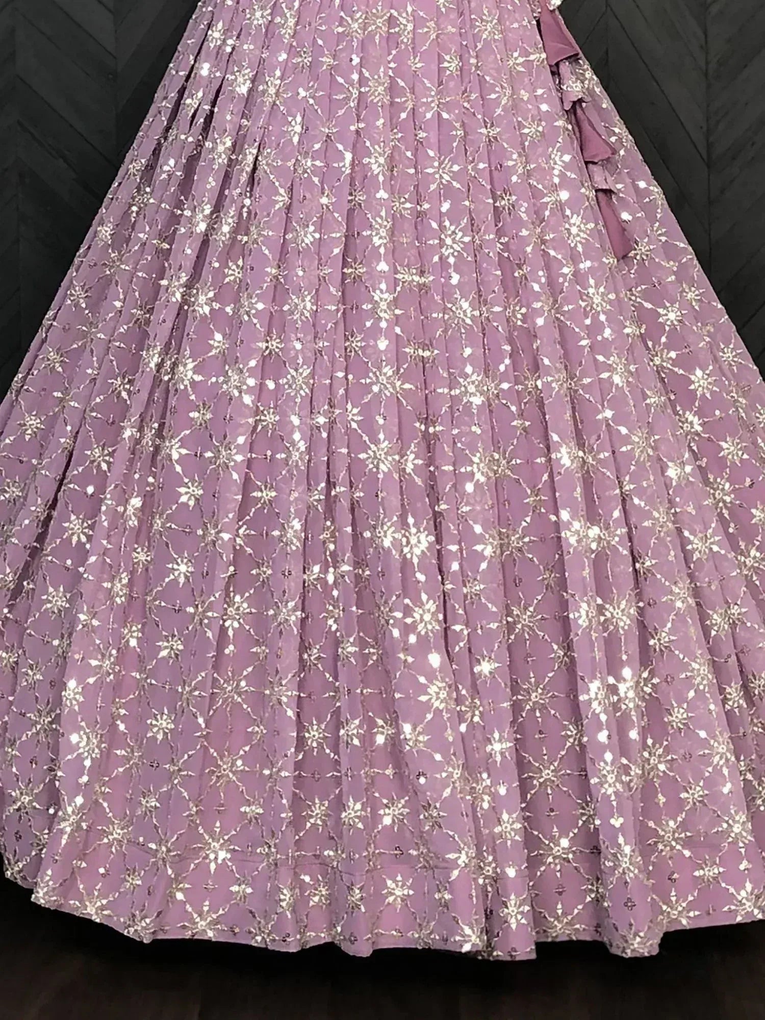 Lavender lehenga skirt with gold floral embroidery and pleats, ideal for Indian ethnic wear
