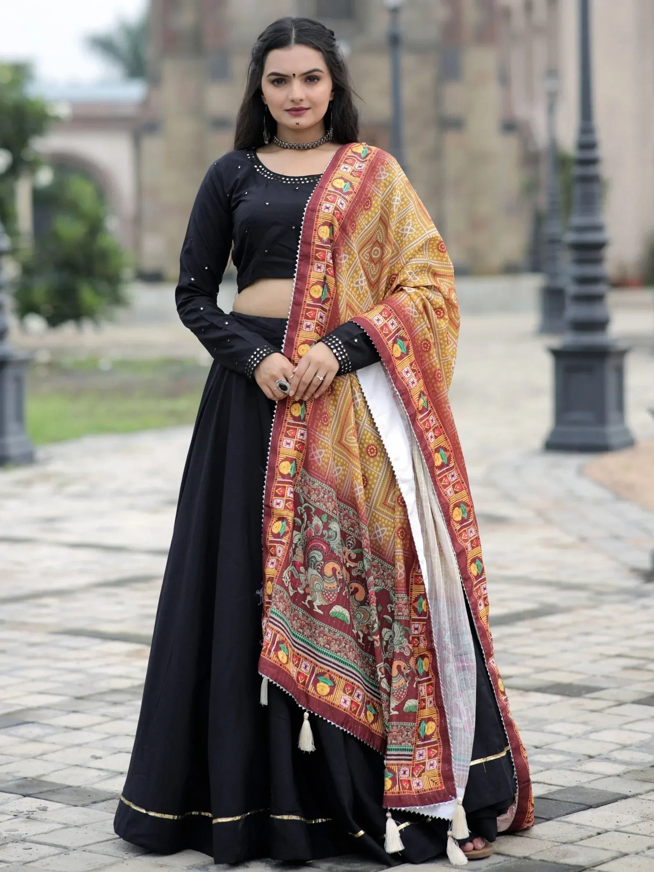 Black lehenga choli with printed dupatta, Indian ethnic wear for women