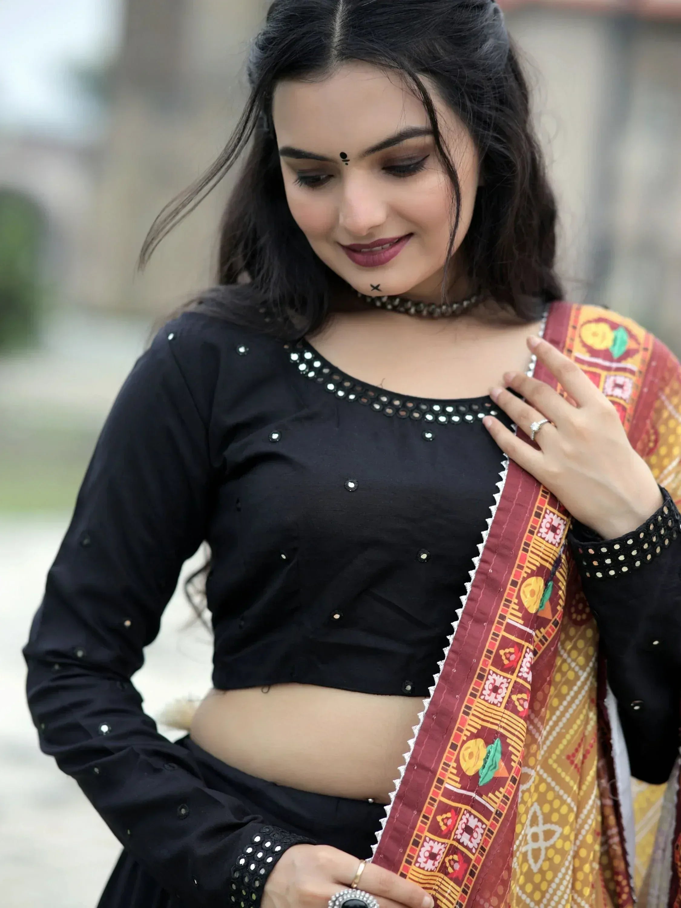 Black embroidered crop top with colorful printed dupatta, Indian ethnic wear