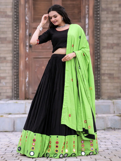Lovely Black Mirror Work Rayon Traditional Lehenga Choli With Dupatta