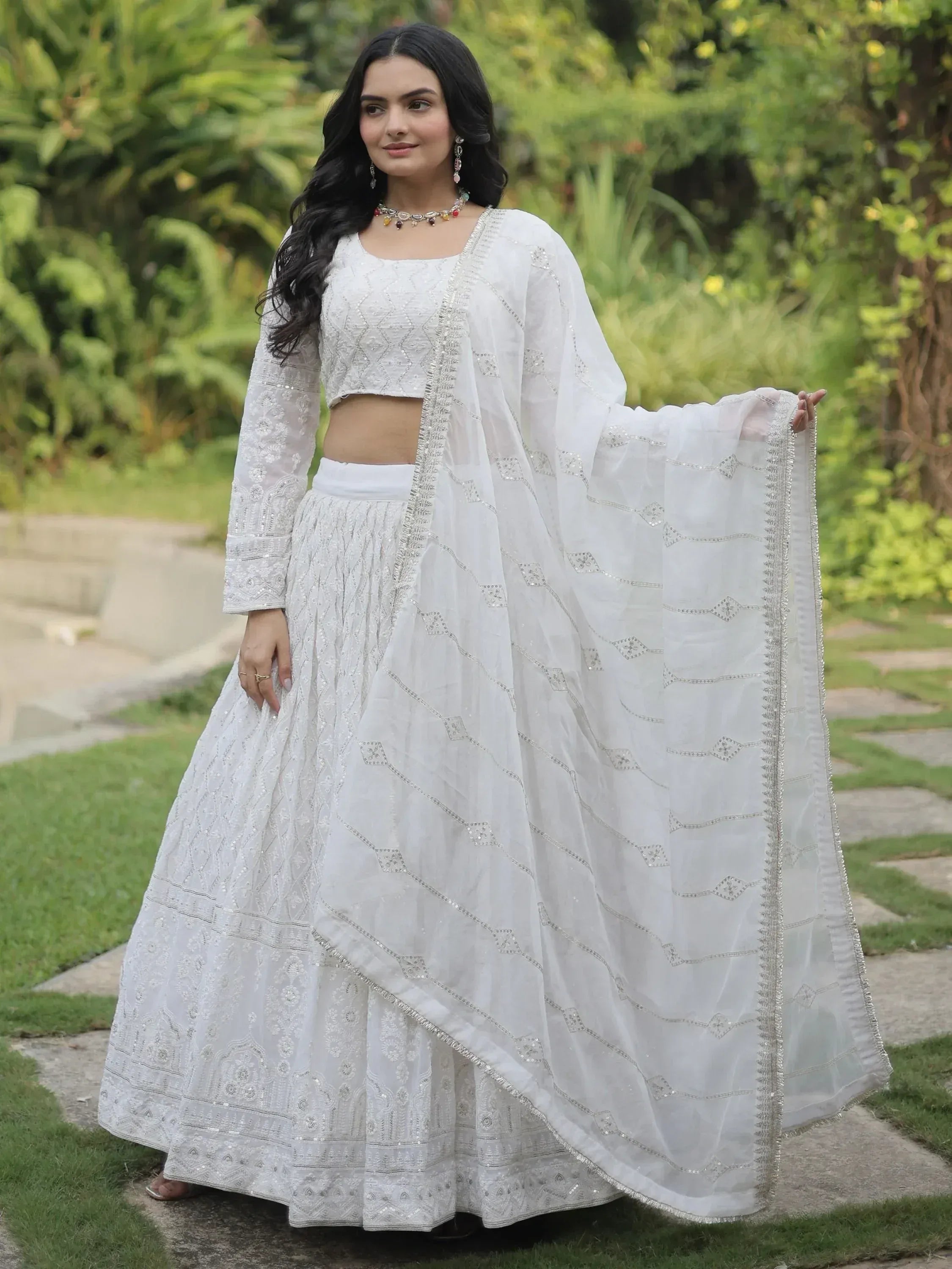 White embroidered lehenga choli with dupatta, Indian ethnic wear for women