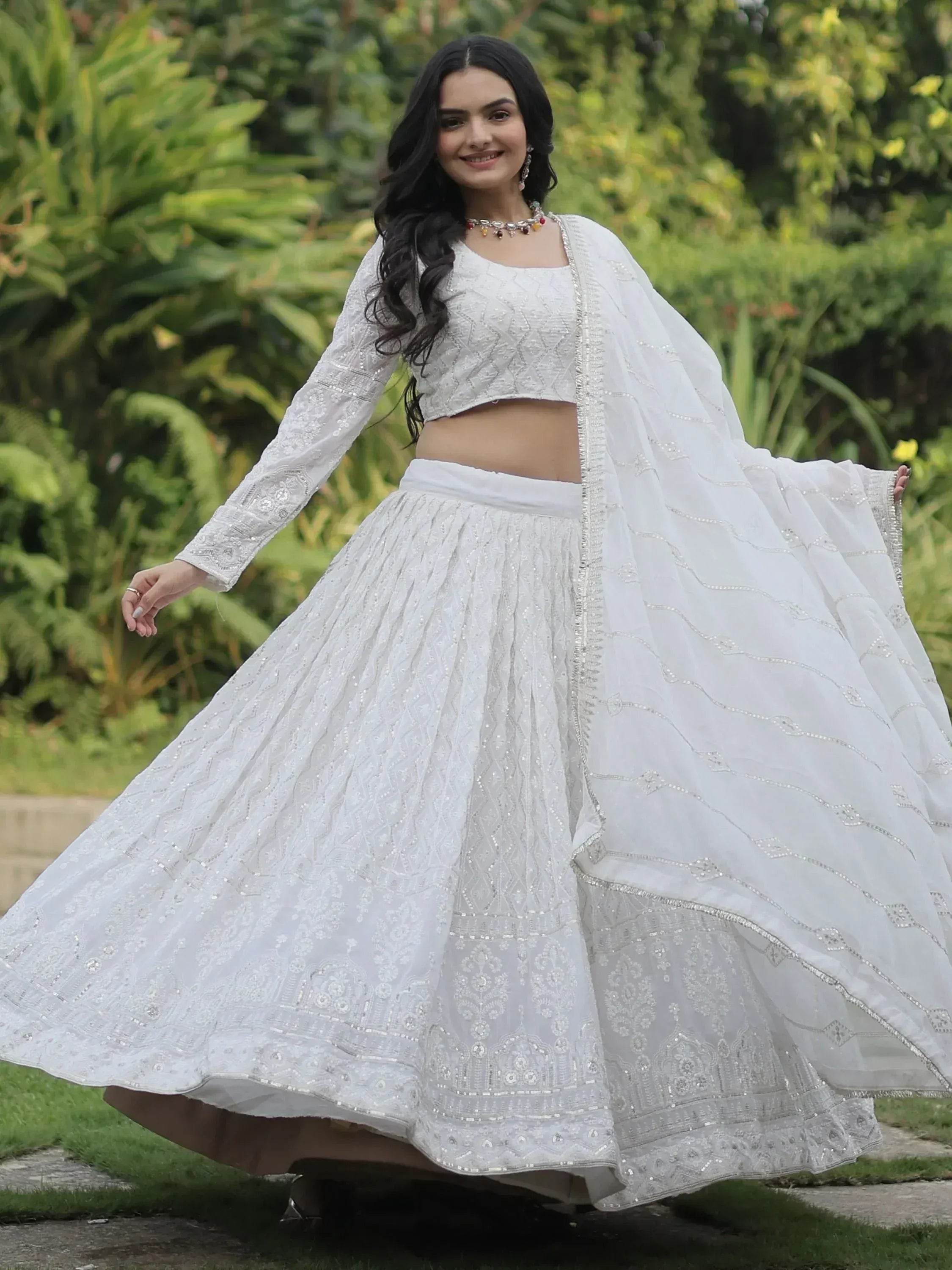 White embroidered lehenga choli with dupatta, perfect for Indian ethnic wear and festive occasions