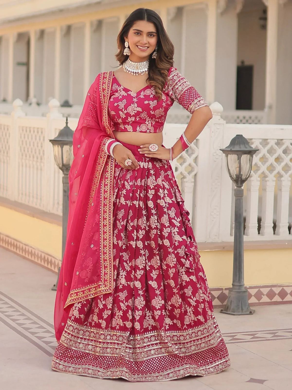 Pink floral embroidered lehenga choli with dupatta, Indian ethnic wear for weddings and parties