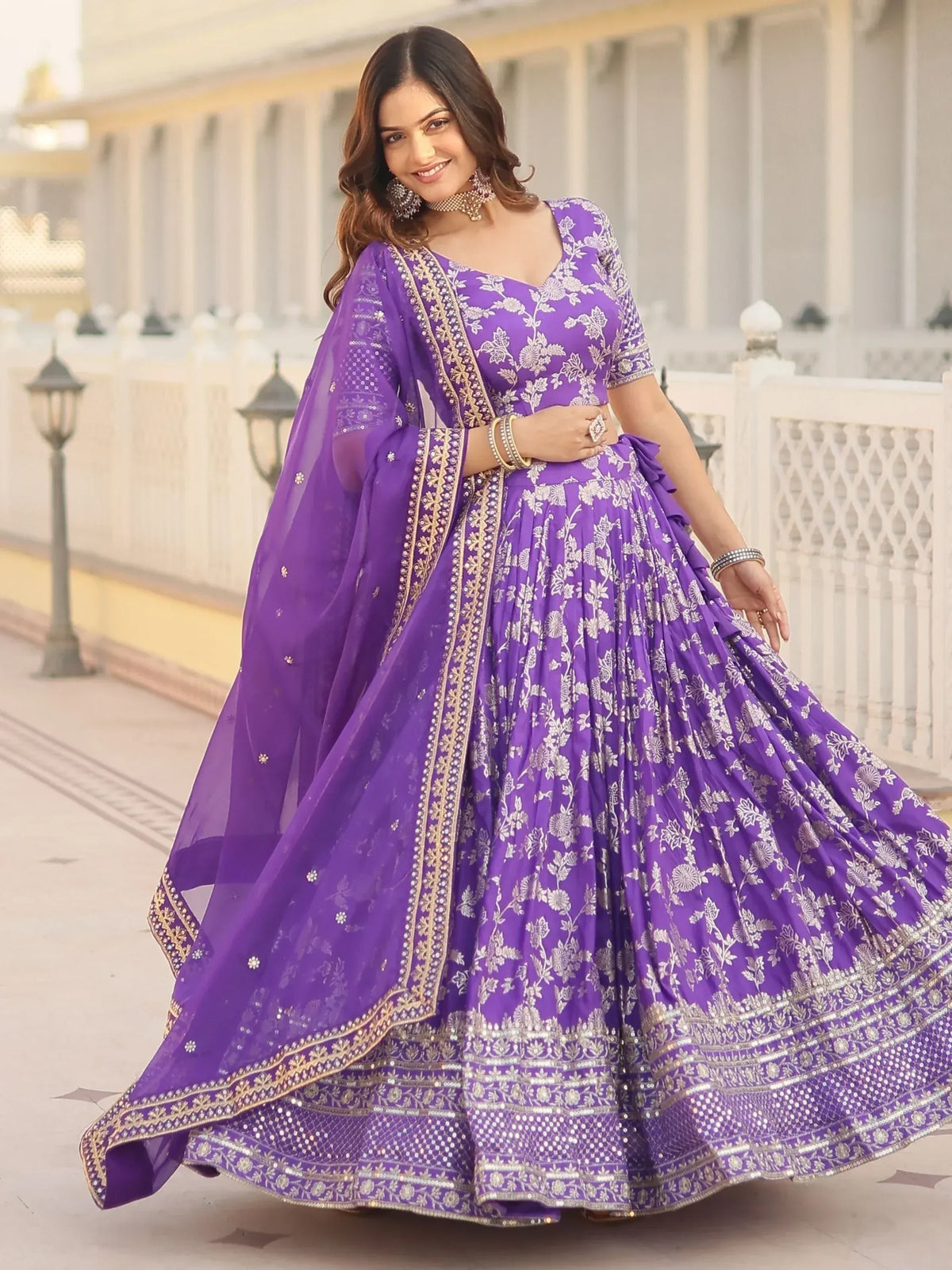 Purple floral embroidered lehenga choli with dupatta, Indian ethnic wear for women