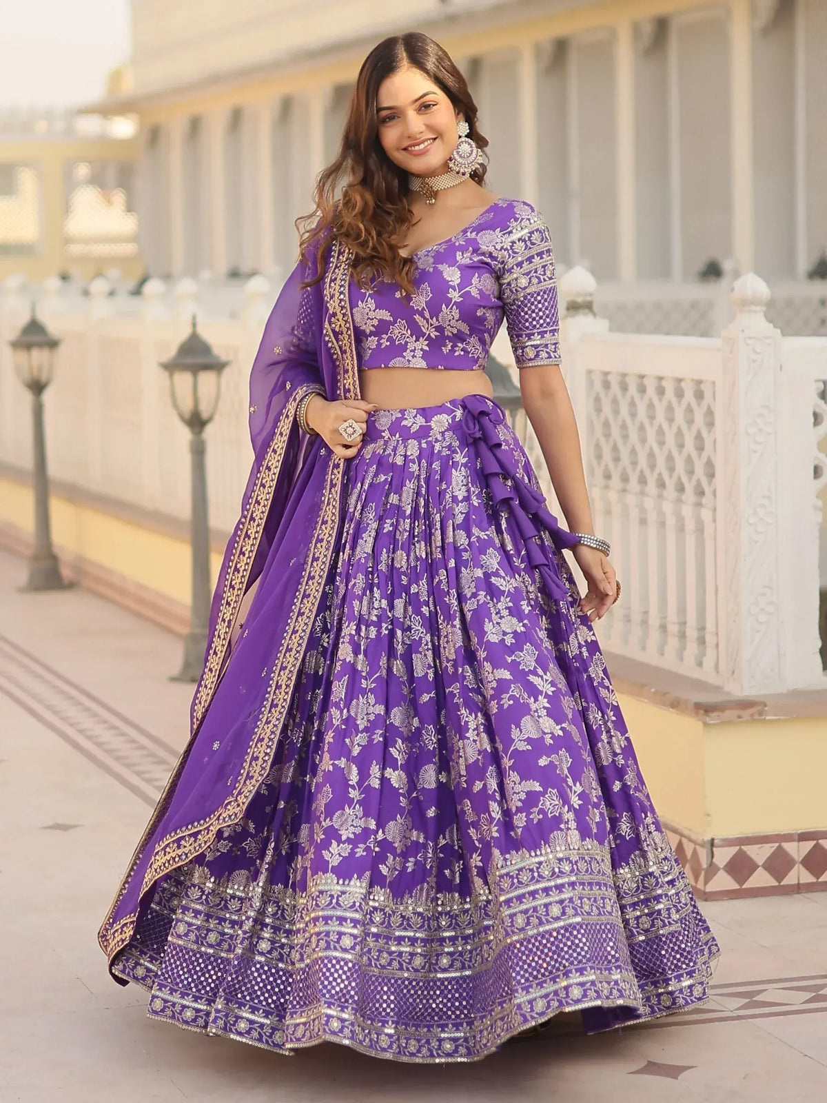 Purple floral embroidered lehenga choli with dupatta, Indian ethnic wear for weddings and parties