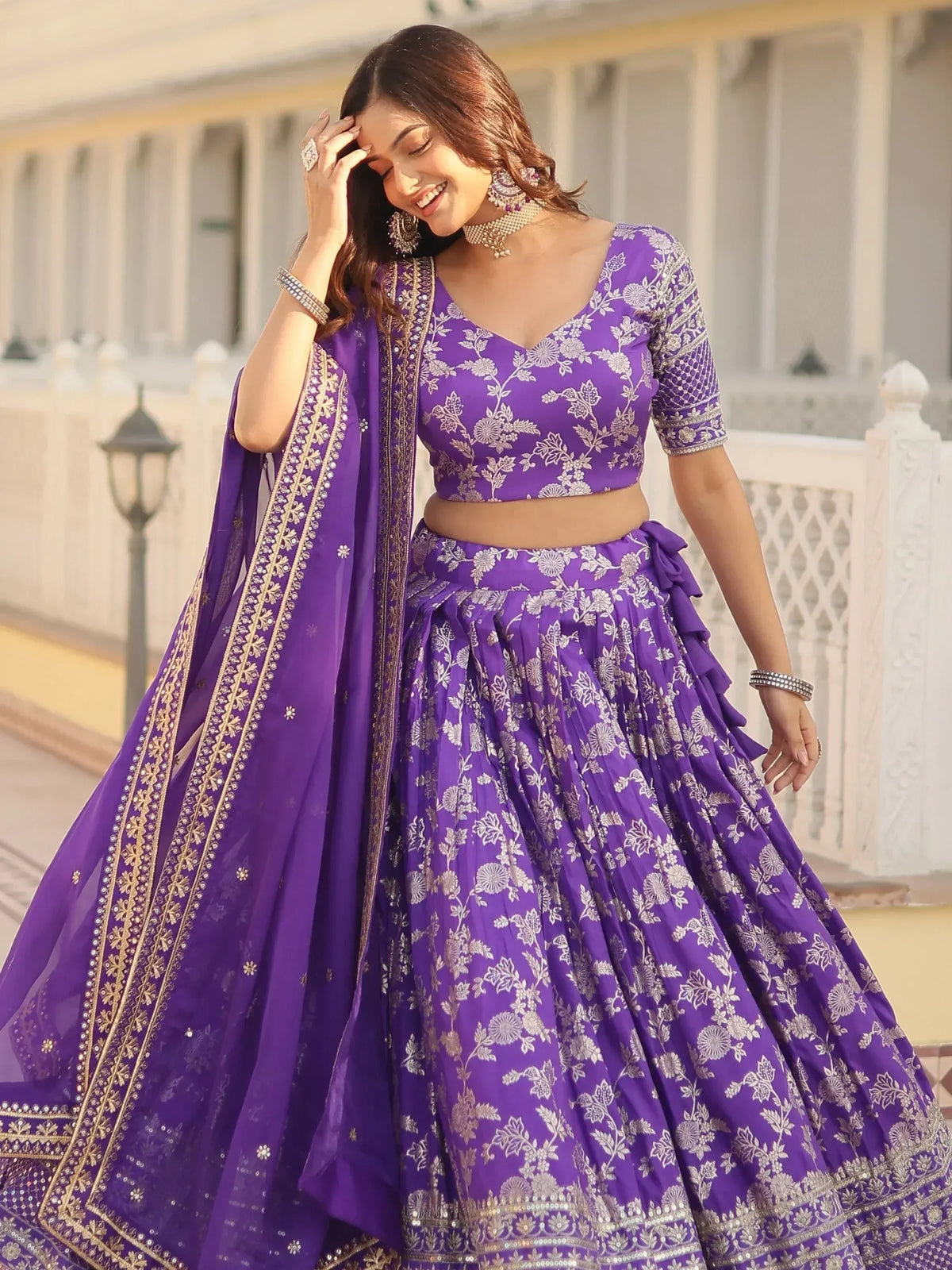 Purple floral embroidered lehenga choli with dupatta, Indian ethnic wear for women
