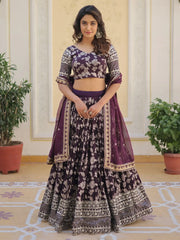 Beautiful Wine Embroidered Jacquard Sangeet Wear Lehenga Choli