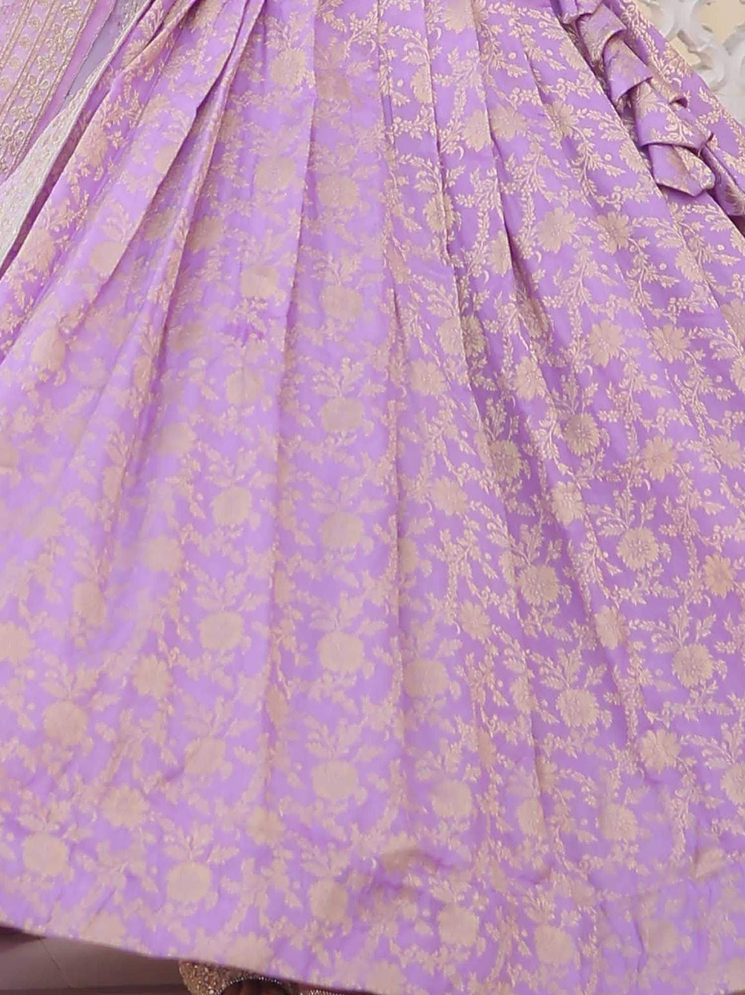 Lavender lehenga with gold floral brocade, pleated skirt, and ruffled detailing for Indian ethnic wear