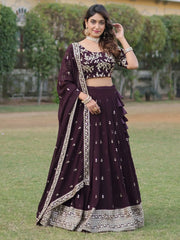 Stunning Wine Embroidered Georgette Wedding Wear Lehenga Choli