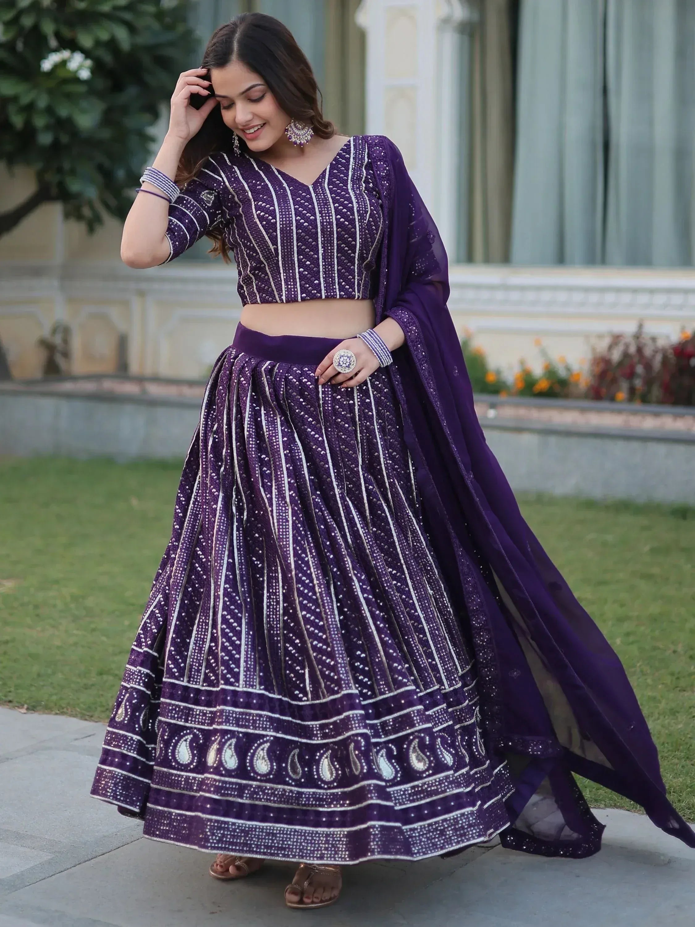 Purple embroidered lehenga choli with dupatta, Indian ethnic wear for women