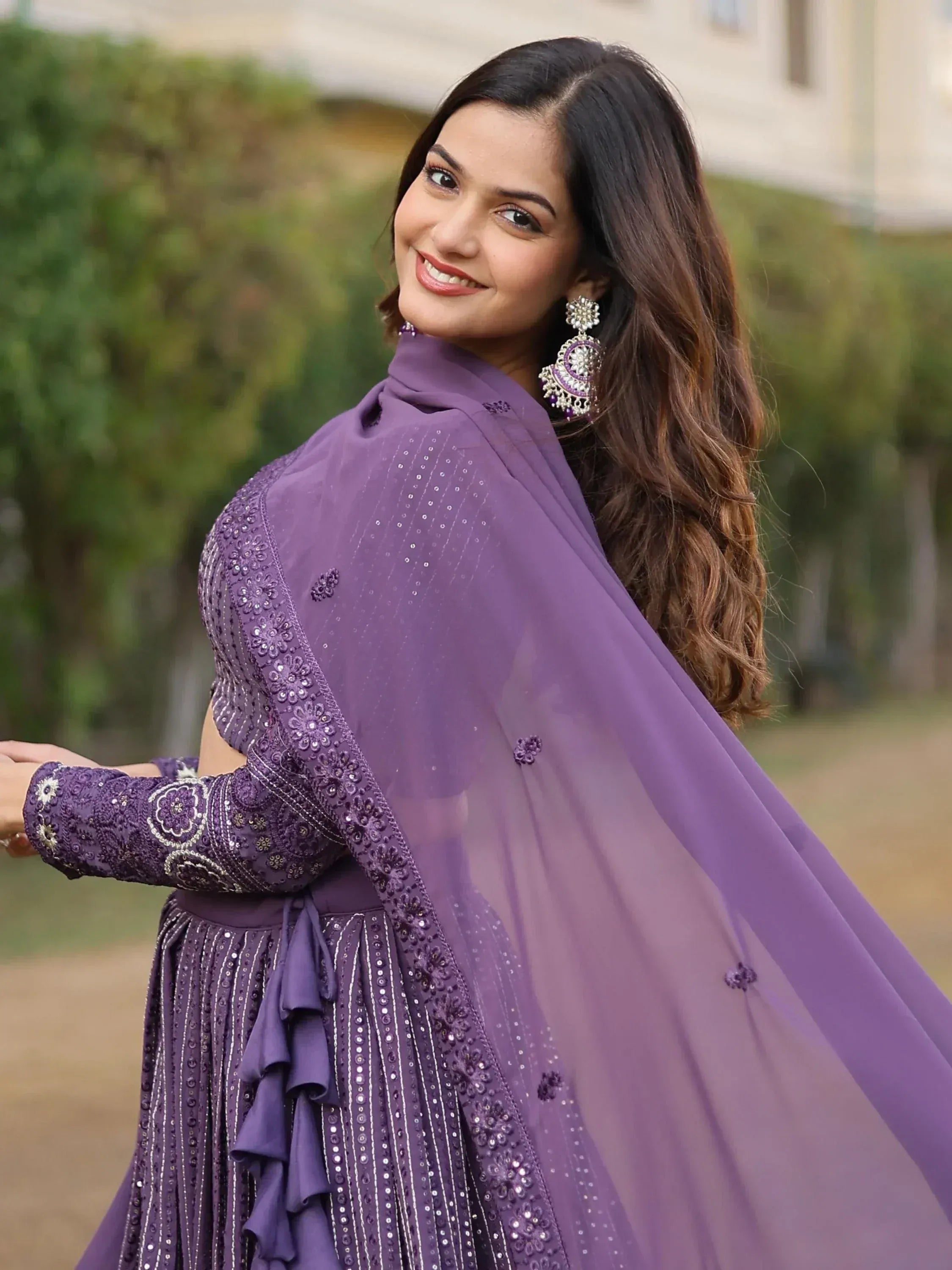 Purple embroidered lehenga choli with sheer dupatta, perfect for Indian ethnic occasions