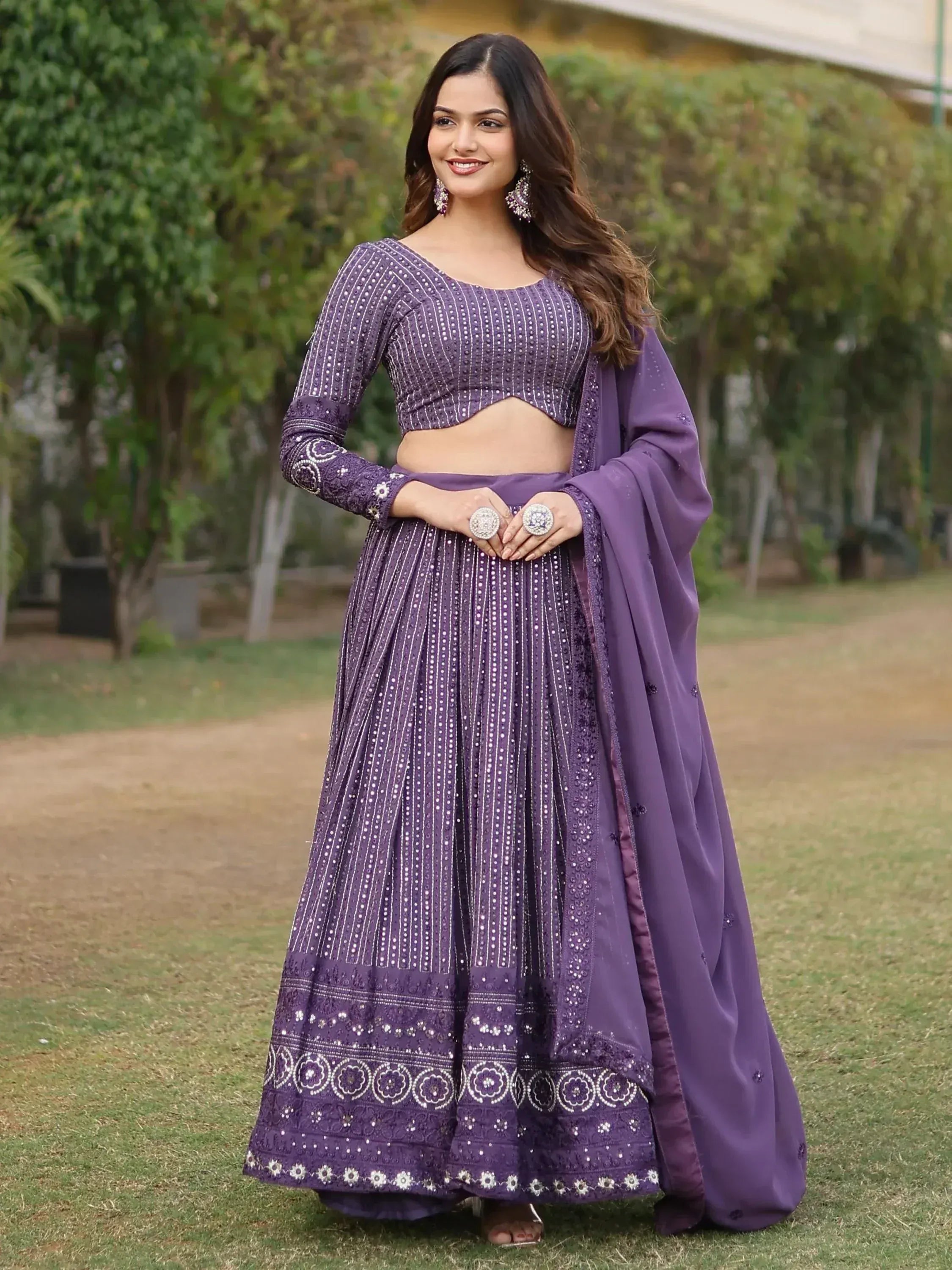 Purple embroidered lehenga choli with dupatta, Indian ethnic wear for women