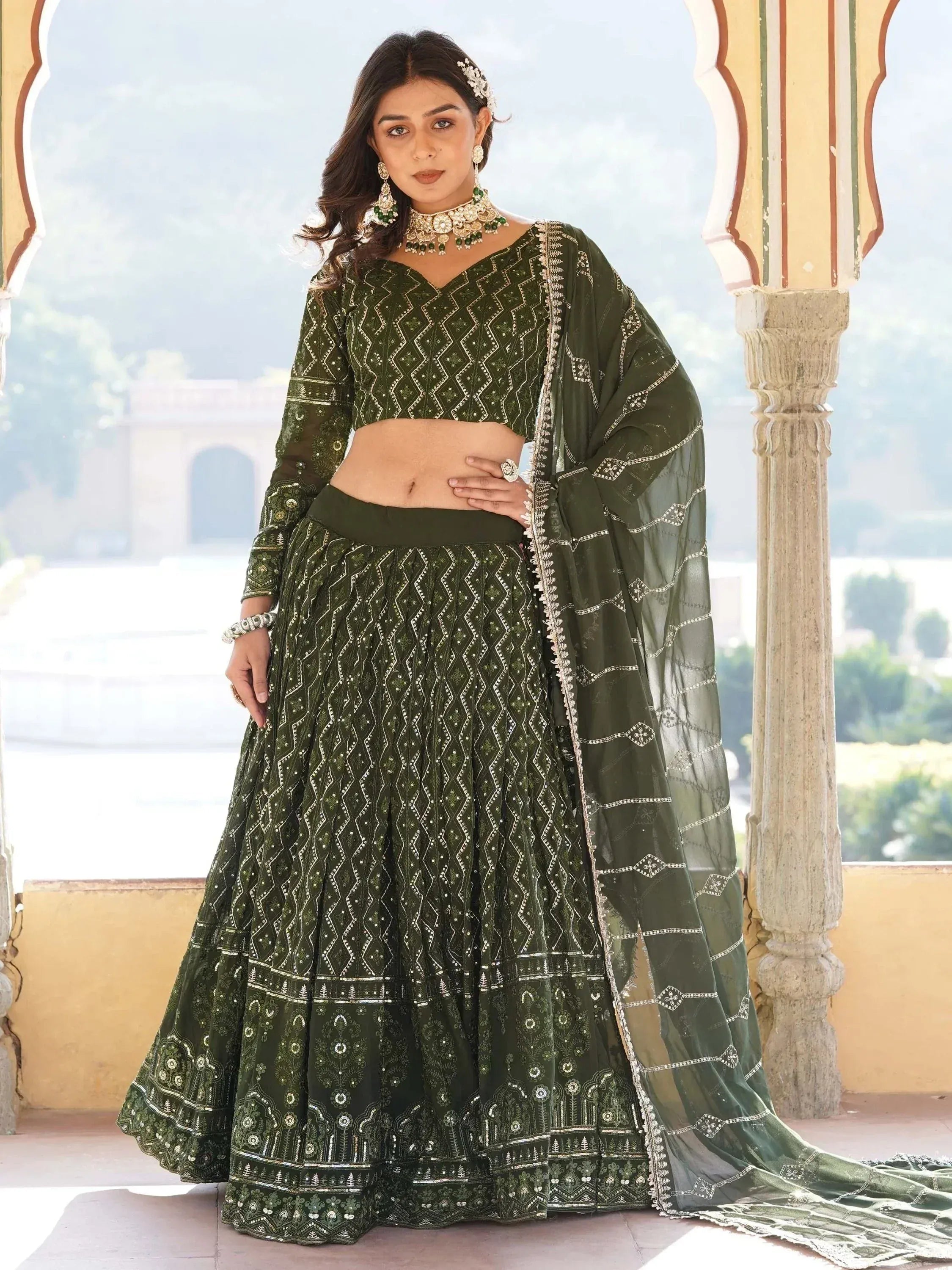 Olive green embroidered lehenga choli with dupatta, traditional Indian ethnic wear for weddings and festivals