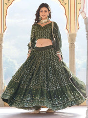 Spectacular Olive Green Sequins Georgette Mehendi Wear Lehenga Choli