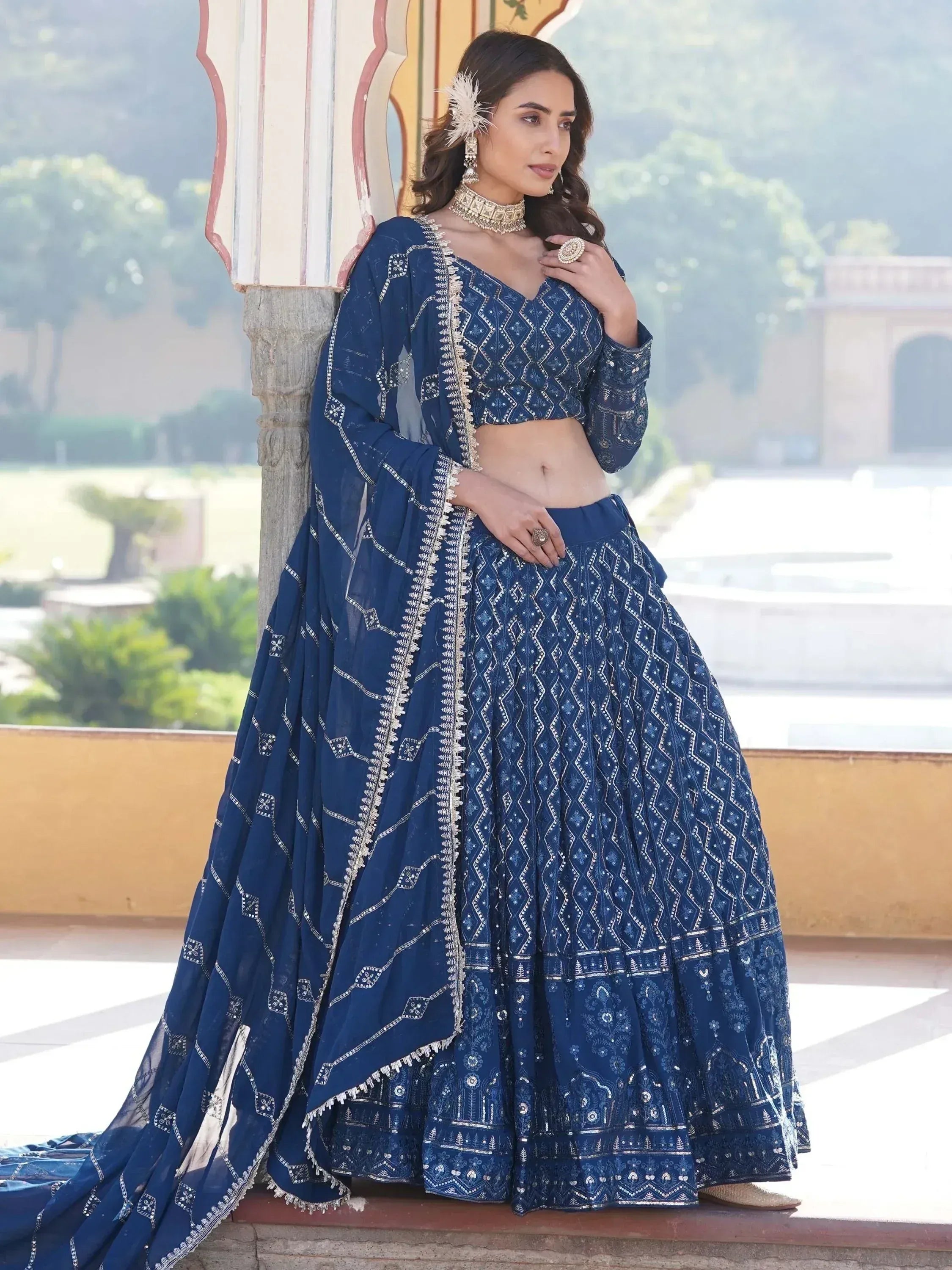 Blue embroidered lehenga choli with dupatta, Indian ethnic wear for weddings and festivals