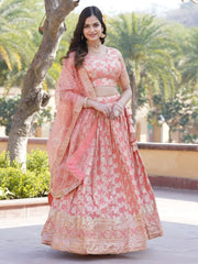 Stunning Peach Embroidered Jacquard Engagement Wear Lehenga Choli