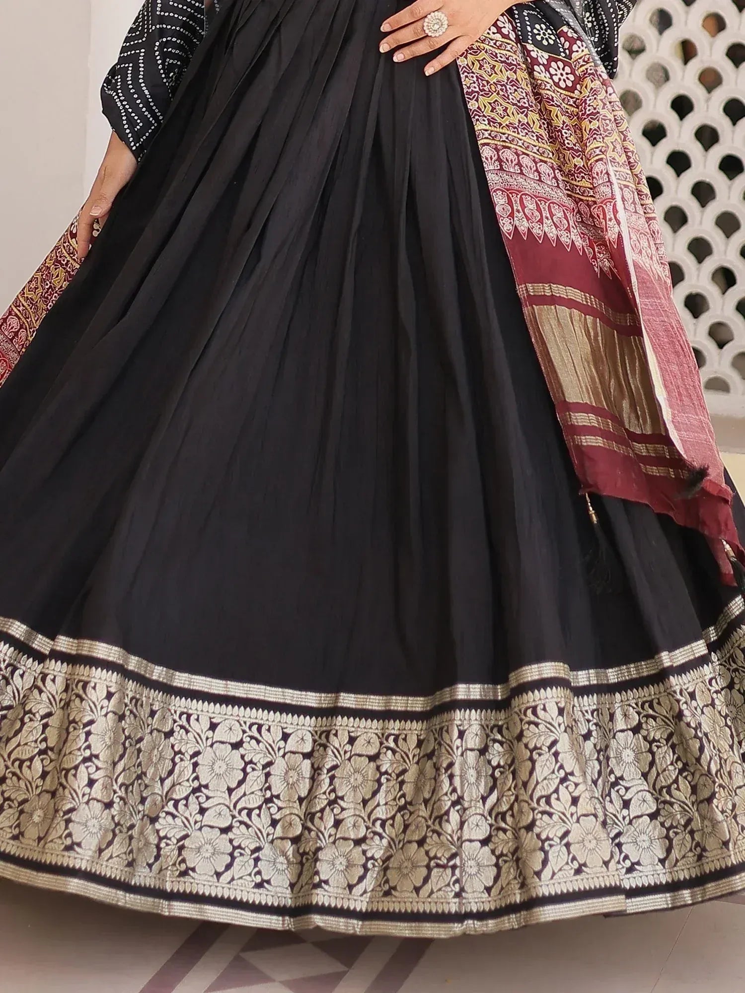 Black pleated lehenga with gold floral border and printed dupatta, Indian ethnic wear