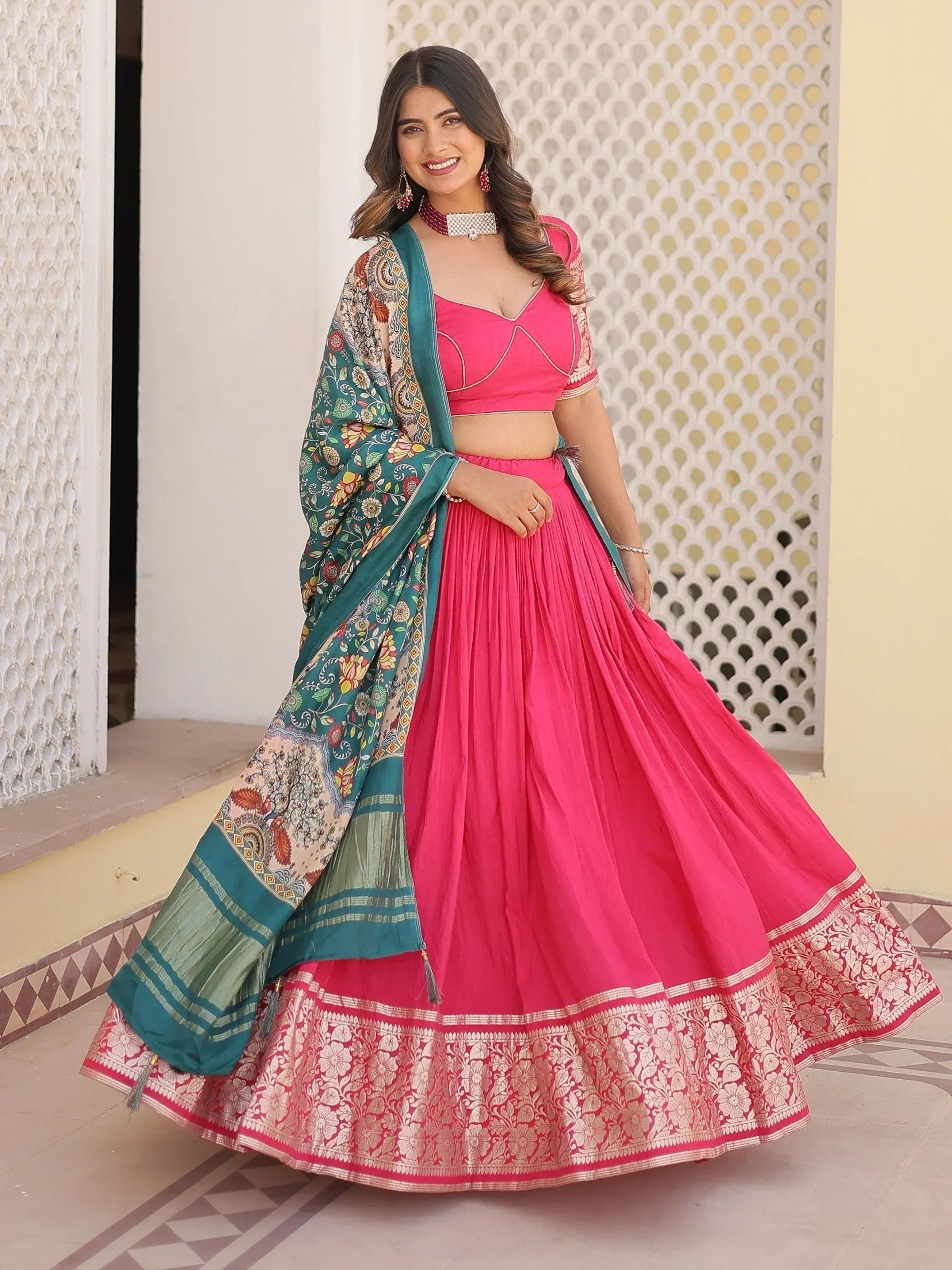 Pink lehenga choli with floral dupatta, perfect for Indian ethnic wear occasions