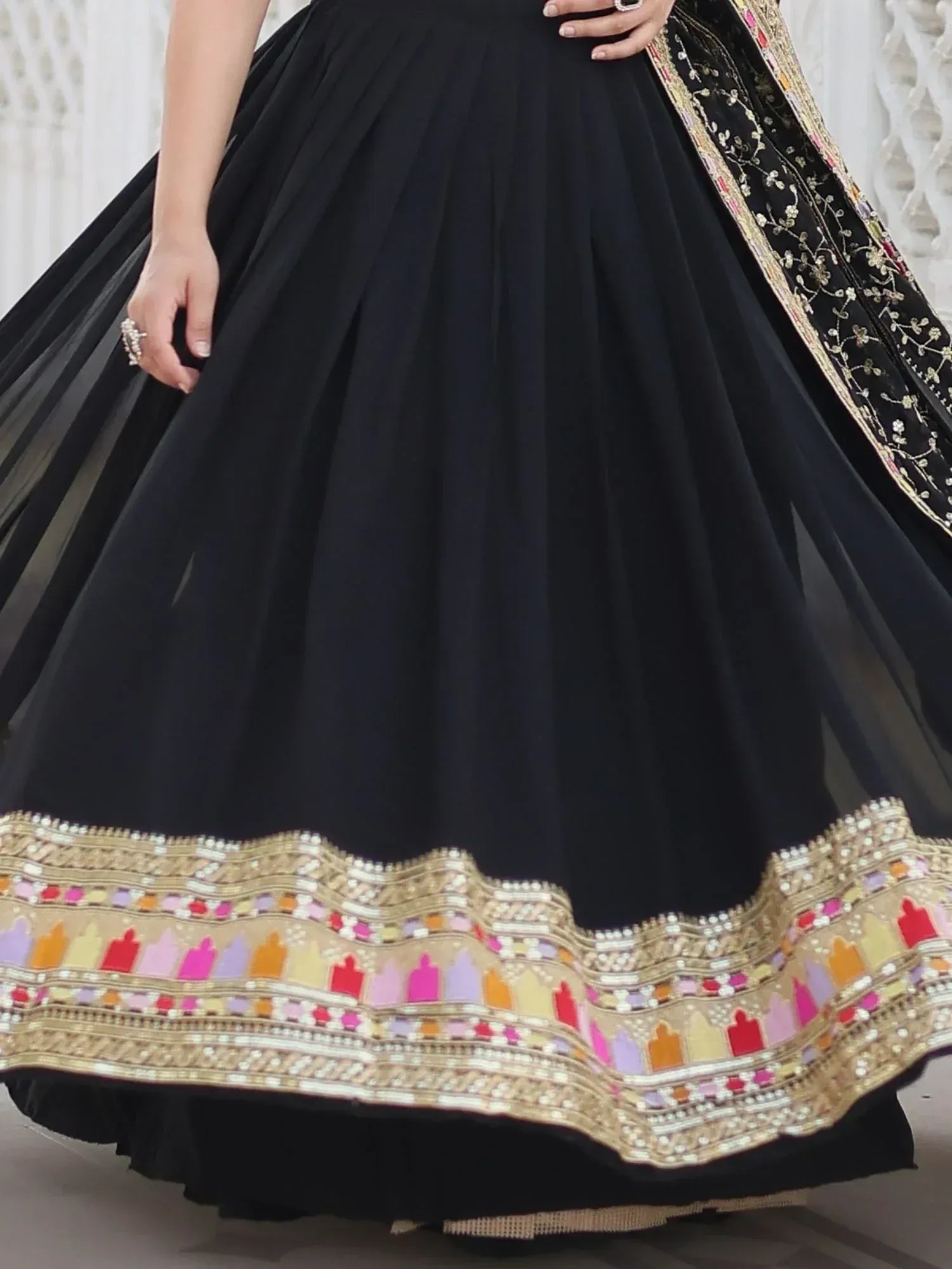 Black designer lehenga with colorful embroidered border and matching dupatta, Indian ethnic wear