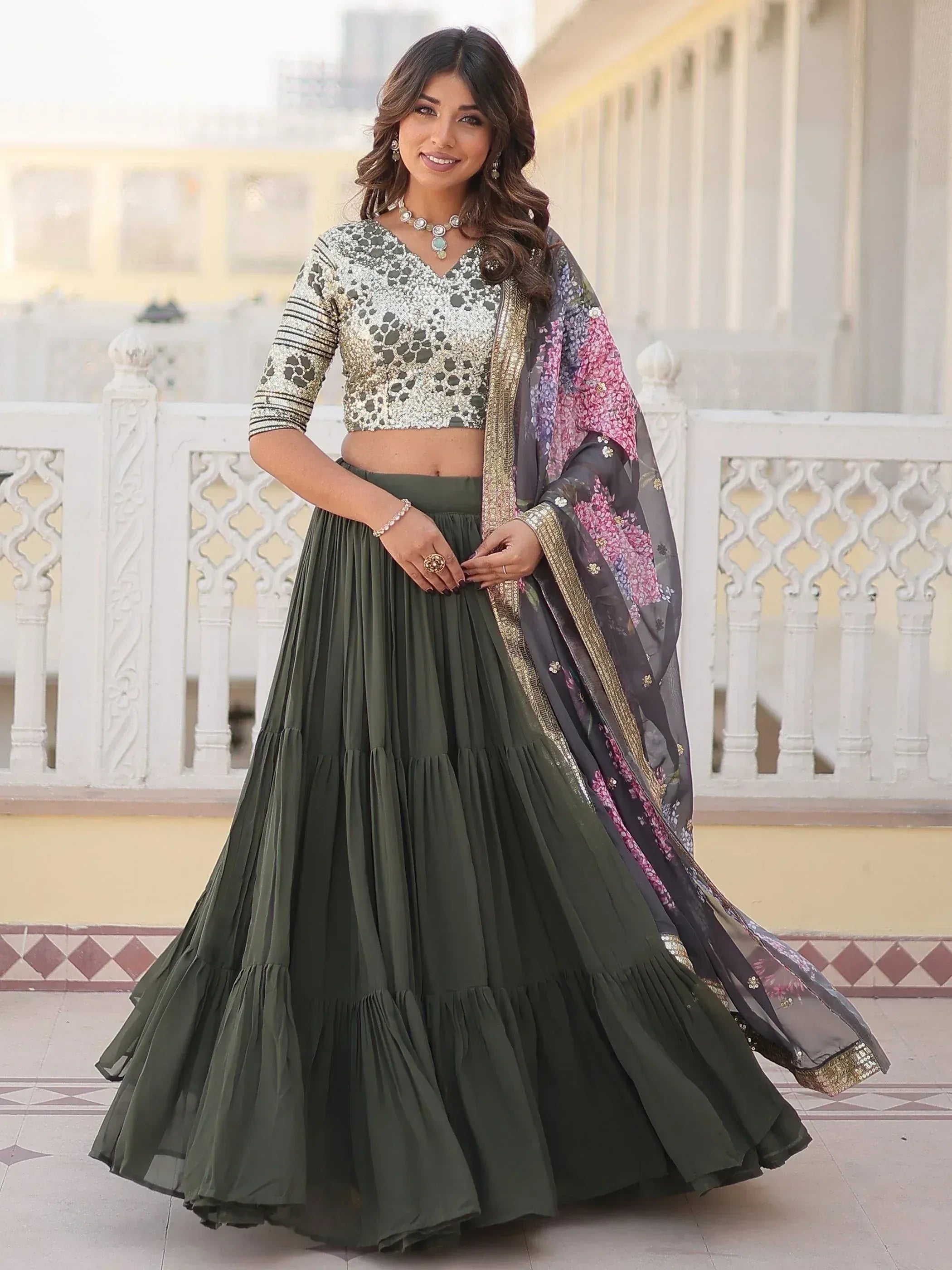 Olive green tiered lehenga with sequined crop top and floral dupatta, Indian ethnic wear