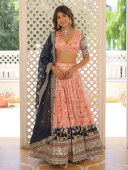 Pretty Peach Embroidered Jacquard Sangeet Wear Lehenga Choli