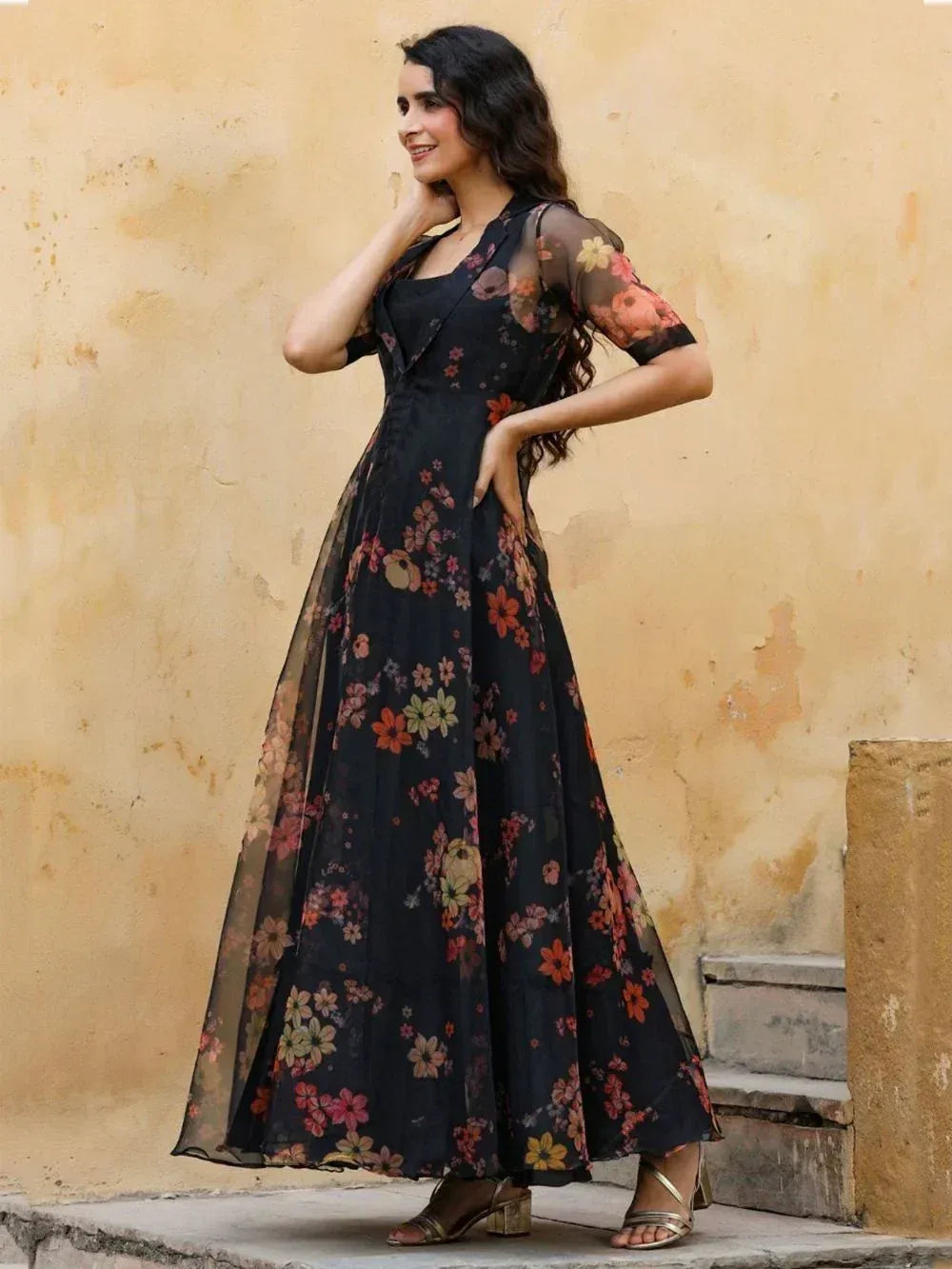 Black floral ethnic gown with sheer sleeves, perfect for Indian occasions and parties