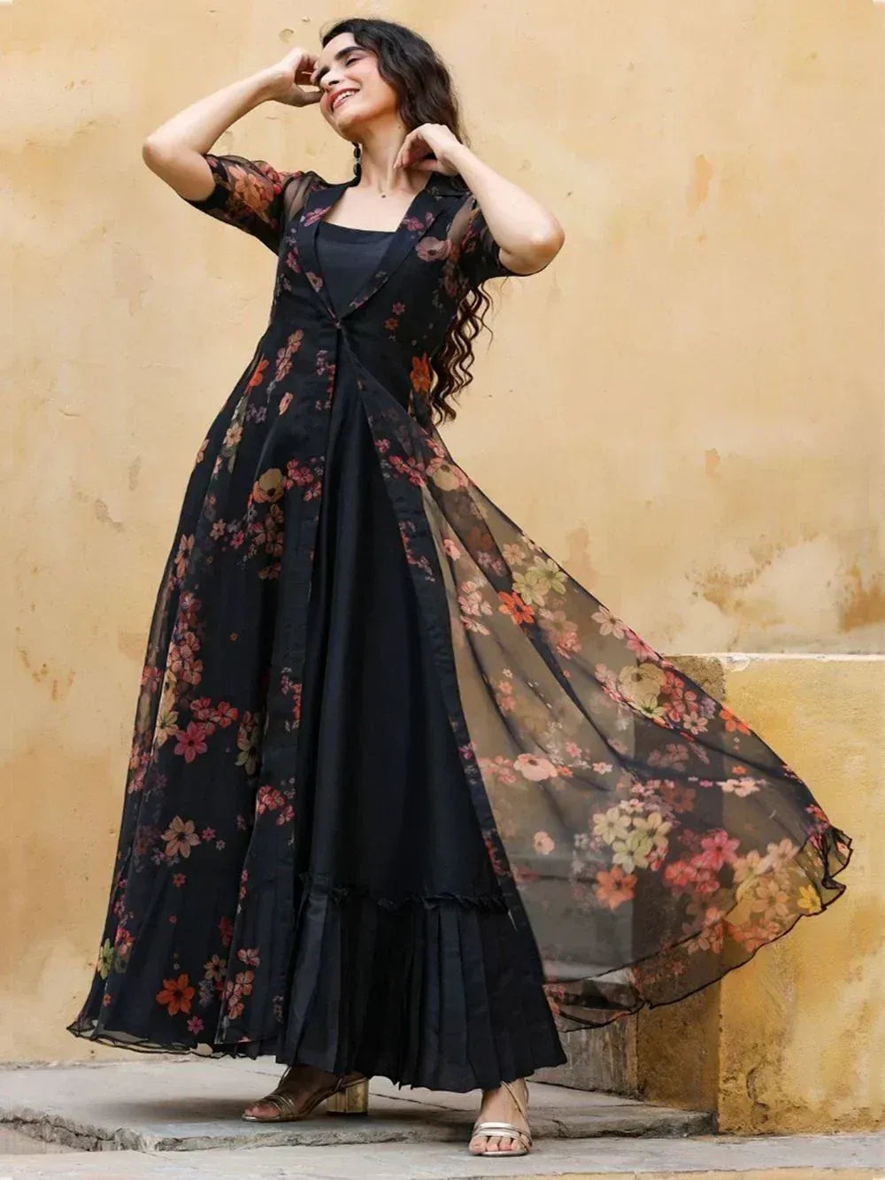 Black floral ethnic gown with sheer overlay, perfect for Indian occasions and festive wear