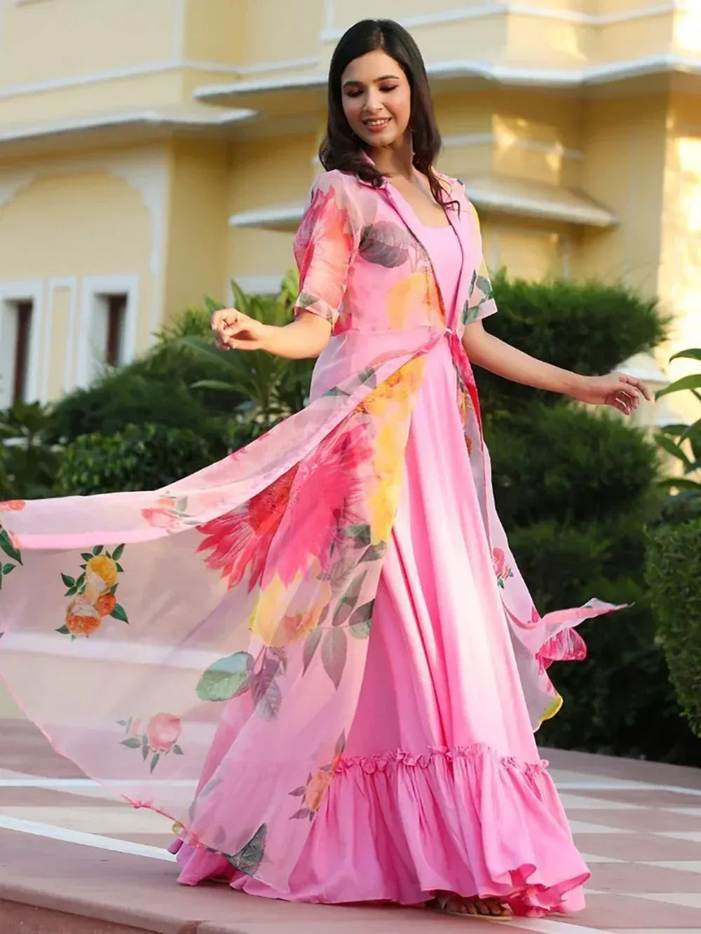 Pink floral ethnic gown with sheer overlay, perfect for Indian occasions and festive wear