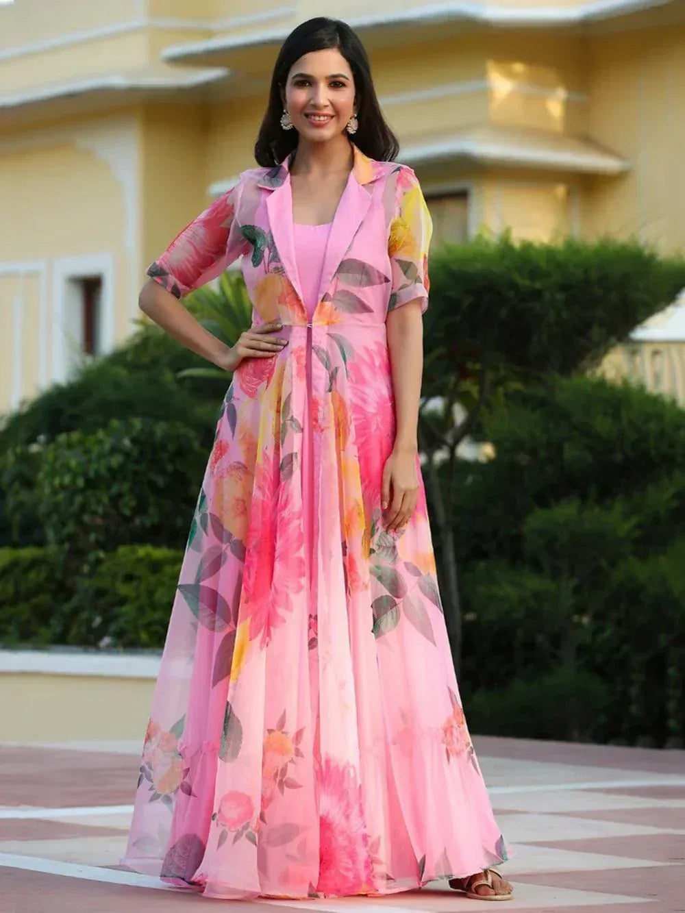 Pink floral ethnic gown with sheer overlay, perfect for Indian occasions and festive wear